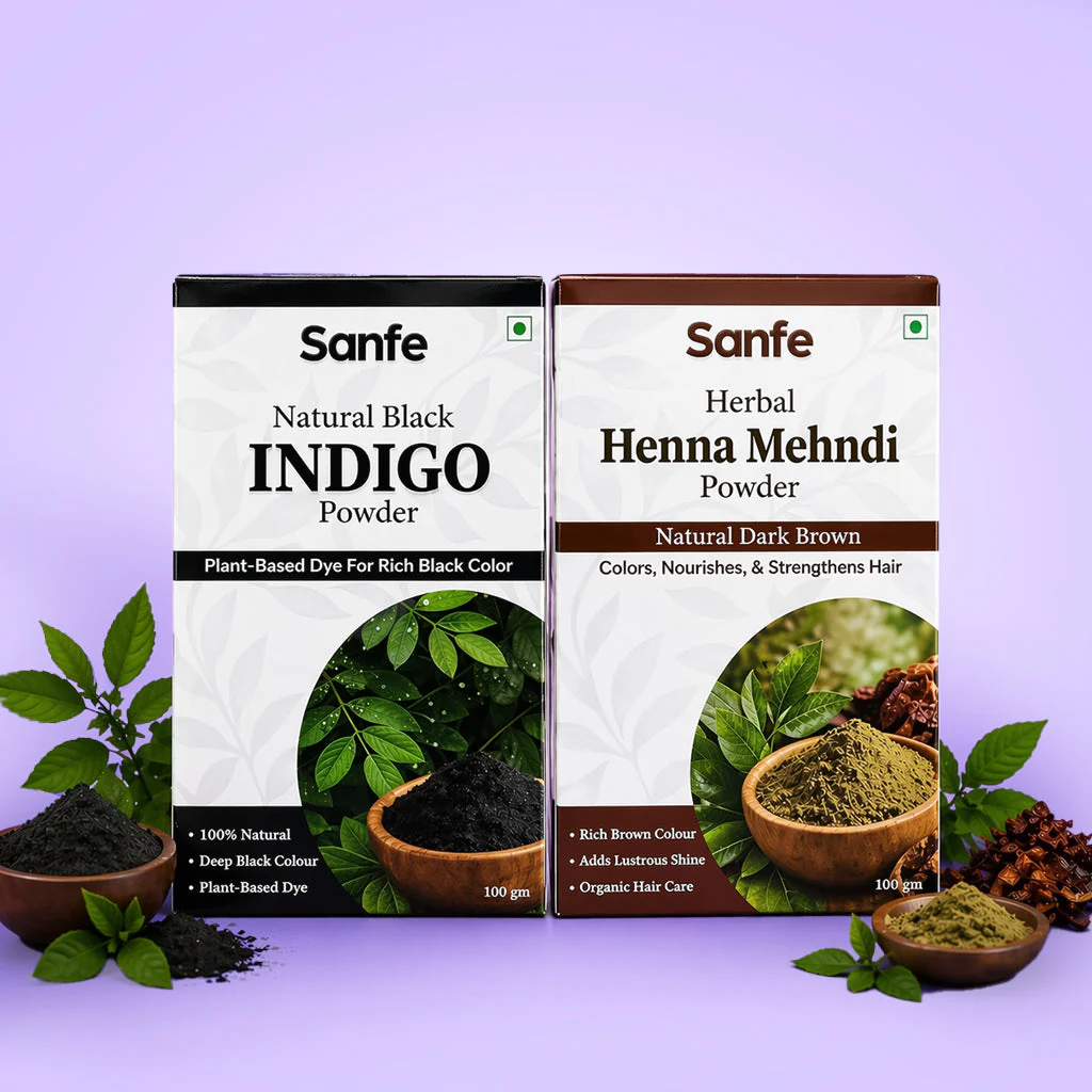 Sanfe Herbal Indigo & Henna Hair Colour Powder Combo – Natural Black/Brown Hair Colour