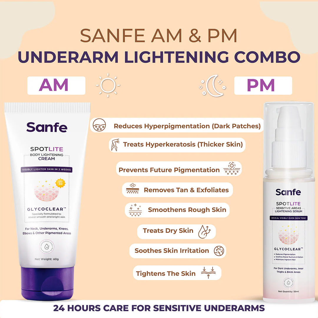 Sanfe Spotlite AM & PM Underarm Lightening Combo | For Extra Dark underarms | 3X Quicker Penetration With Glycodeep Technology | Spotlite Cream & Sensitive Area Serum | For Dark Patches, Detanning and Skin Tightening - Image 5