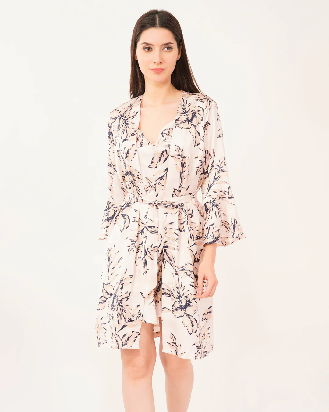 Satin Cowl Neck Drawstring With Robe Midi Dress