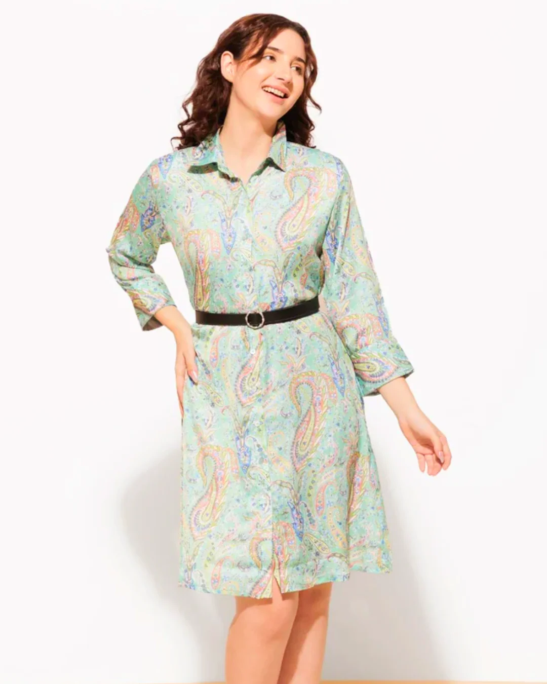 Satin Crepe Collar Buttoned Down Shirt Dress with Belt - Image 8