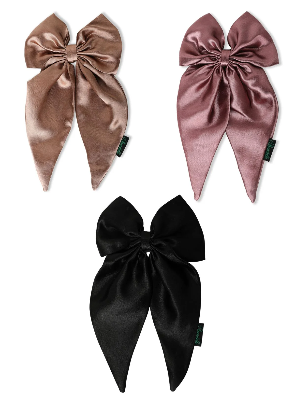 Satin Long Tail Hair Bow Set: Black, Wine & Bronze Elegance - Image 3