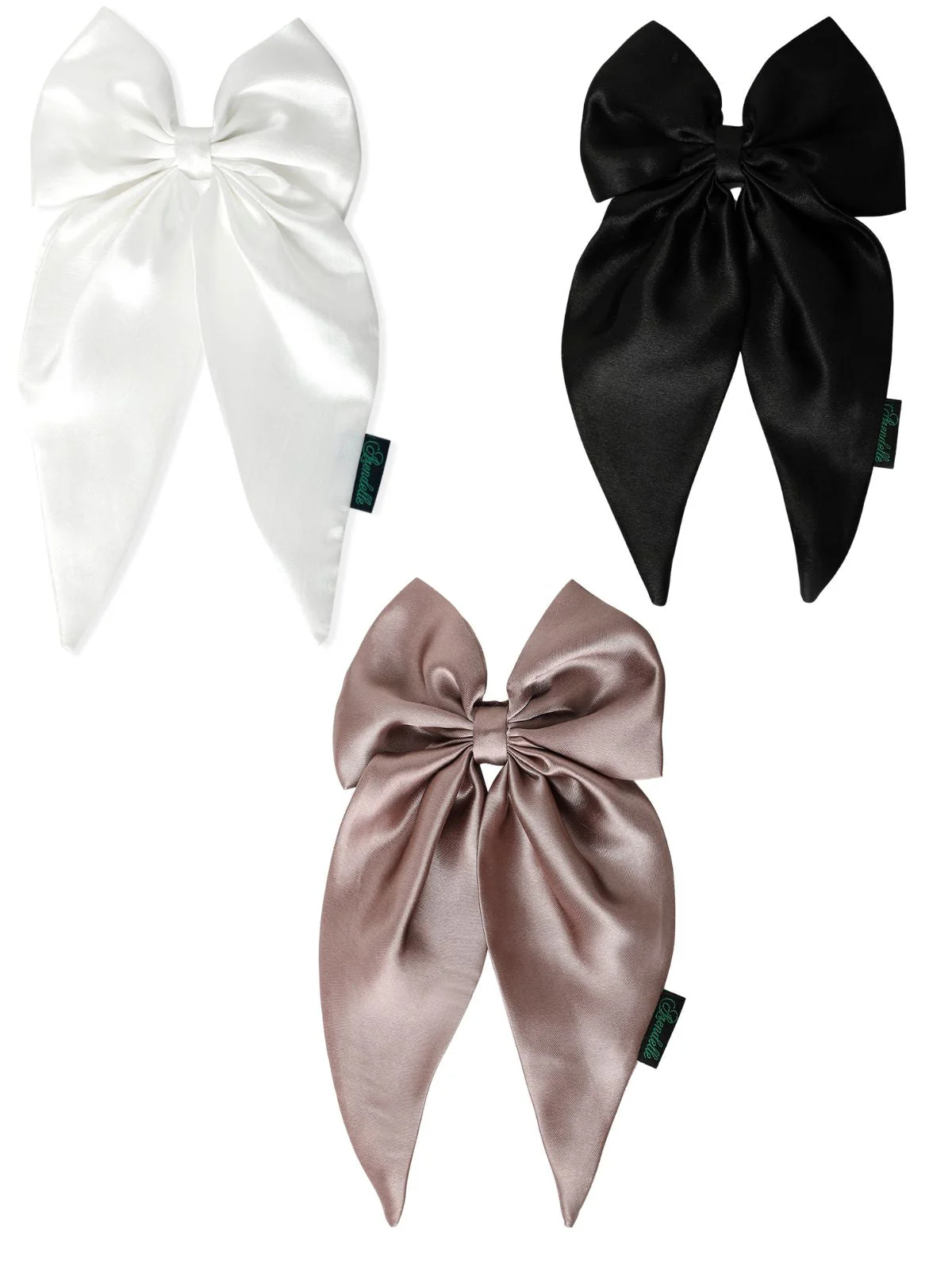Satin Long Tail Hair Bow Trio: Pearl, Black & Stardust Combo - Image 3