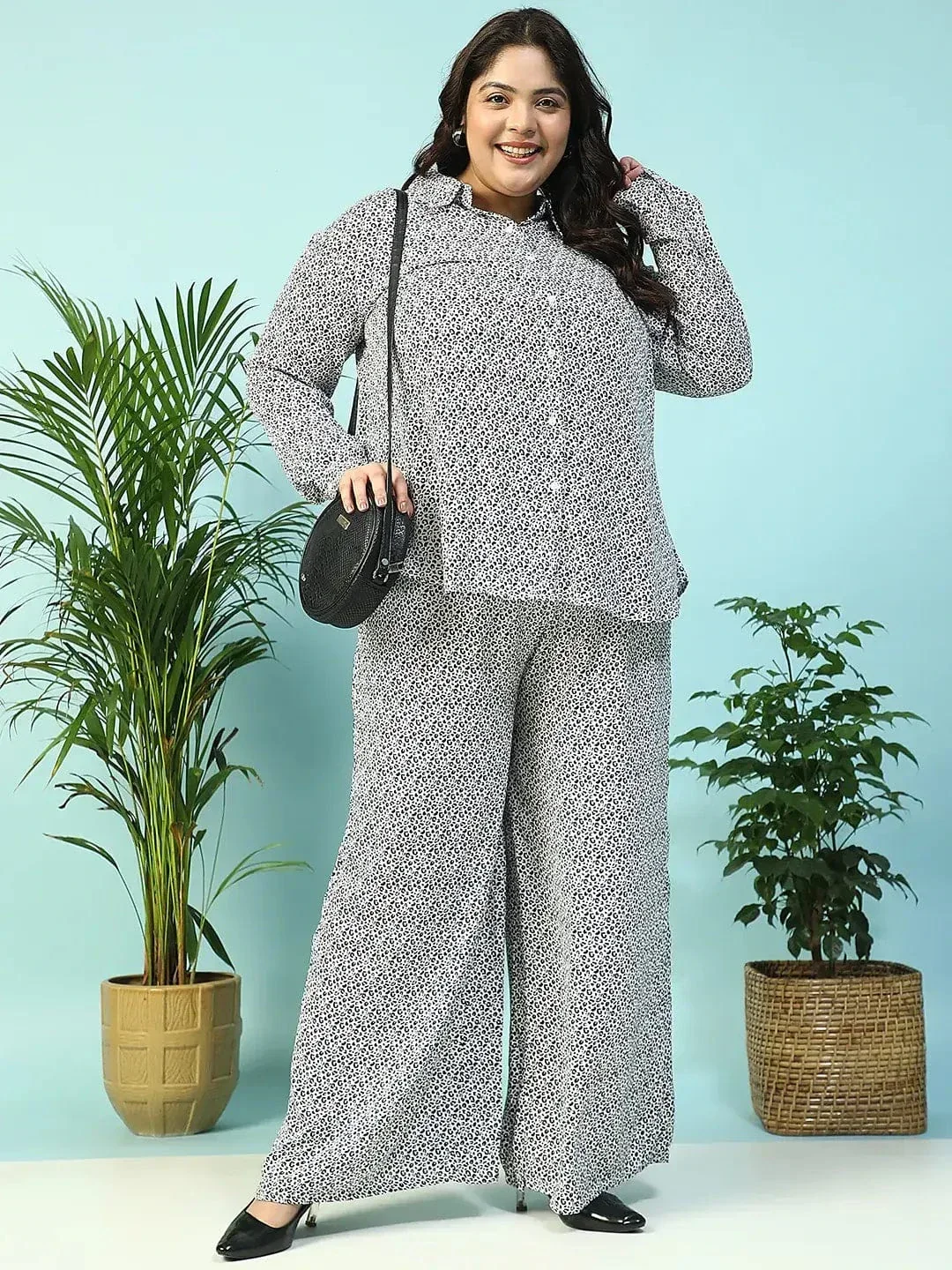 Savage White Animal Print Collared Shirt with Flared Pants Plus Size Women Co-ord Set - Image 8