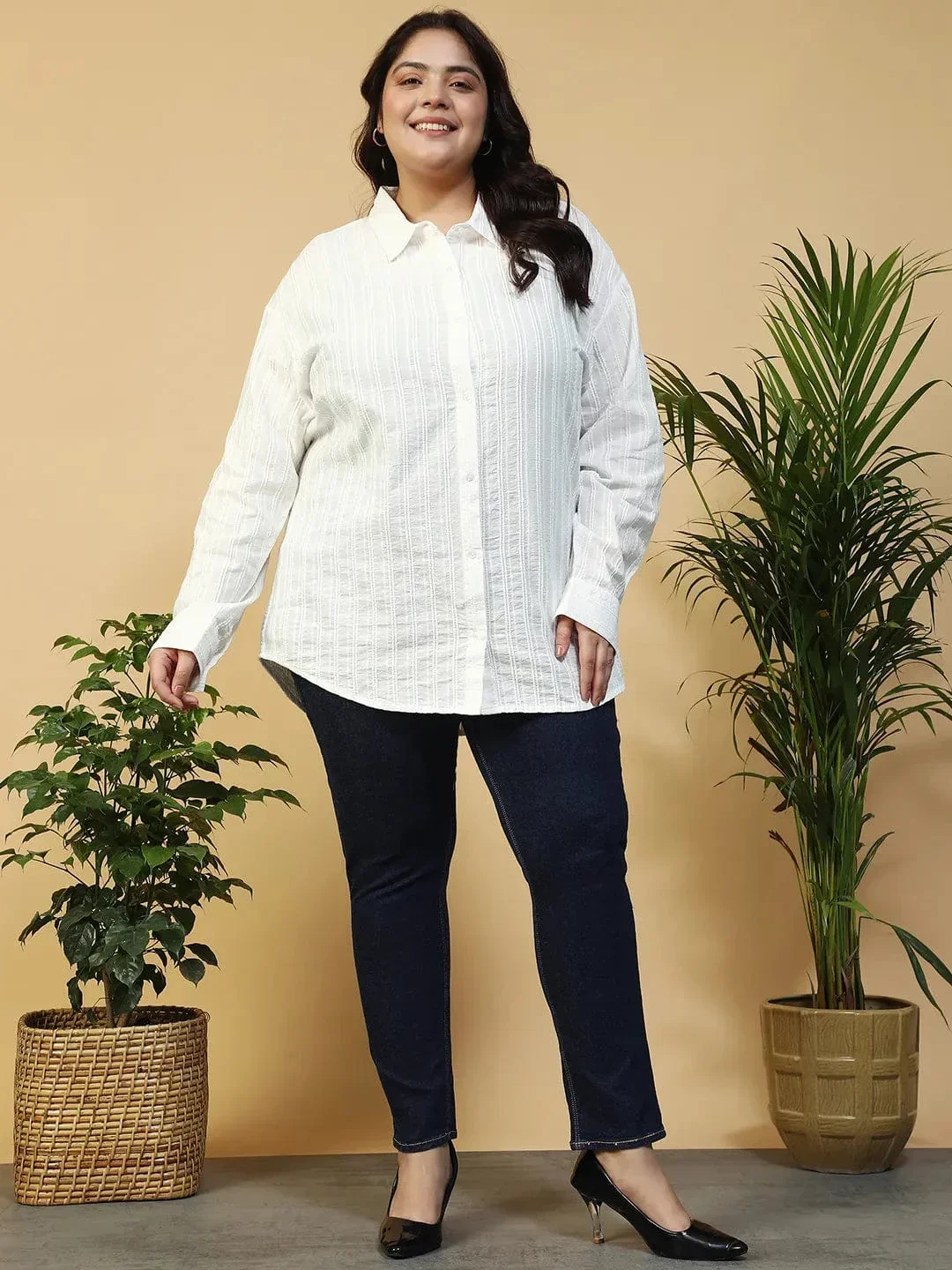 Savy White Collared Long Sleeve Button Down Dobby Meld Plus Size Women Cotton Shirt - Image 2