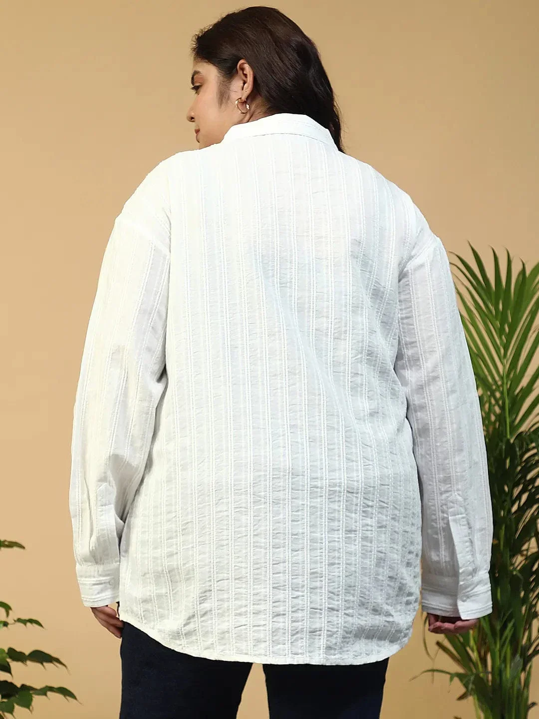 Savy White Collared Long Sleeve Button Down Dobby Meld Plus Size Women Cotton Shirt - Image 5