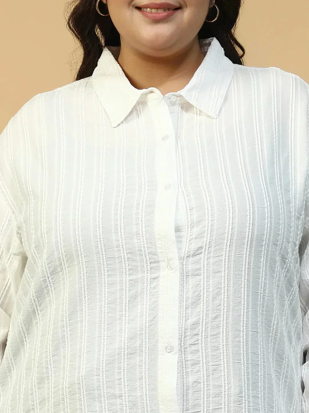 Savy White Collared Long Sleeve Button Down Dobby Meld Plus Size Women Cotton Shirt - Image 6