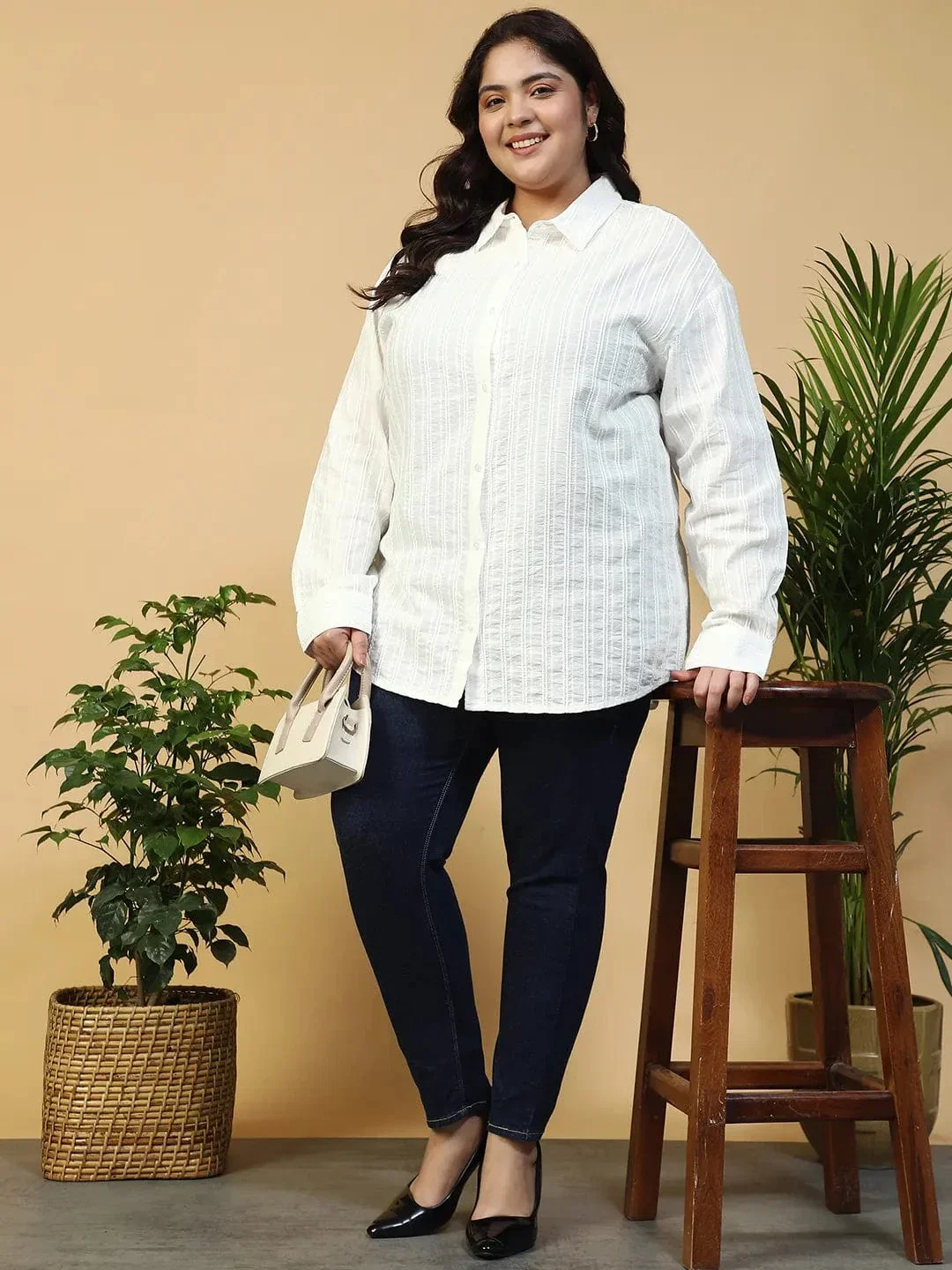 Savy White Collared Long Sleeve Button Down Dobby Meld Plus Size Women Cotton Shirt - Image 7