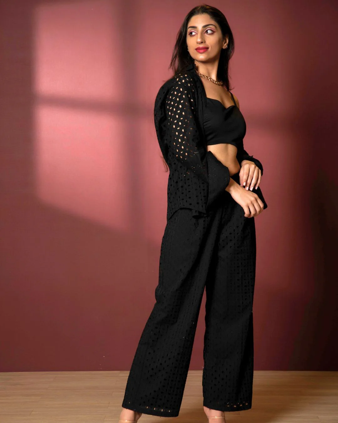 Schiffli Cotton Two Piece Shirt and Pant Coord Set - Image 5
