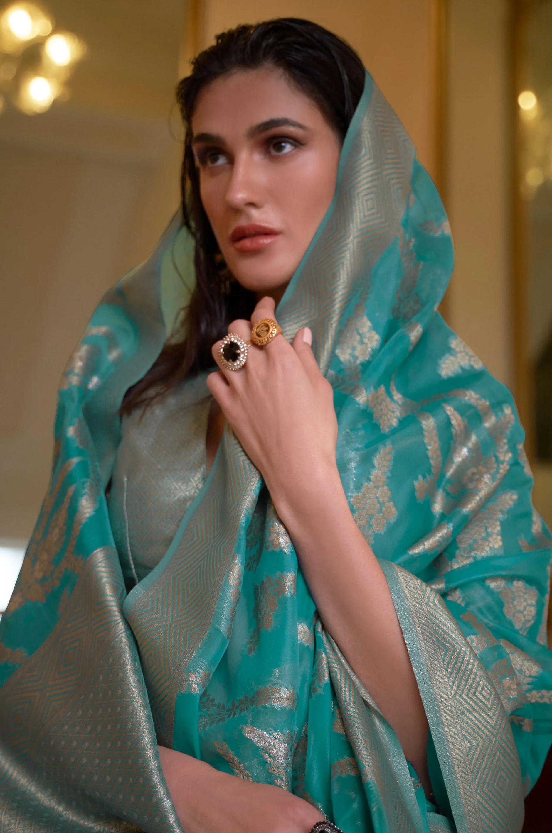 Sea Green Organza Woven Saree - Image 4