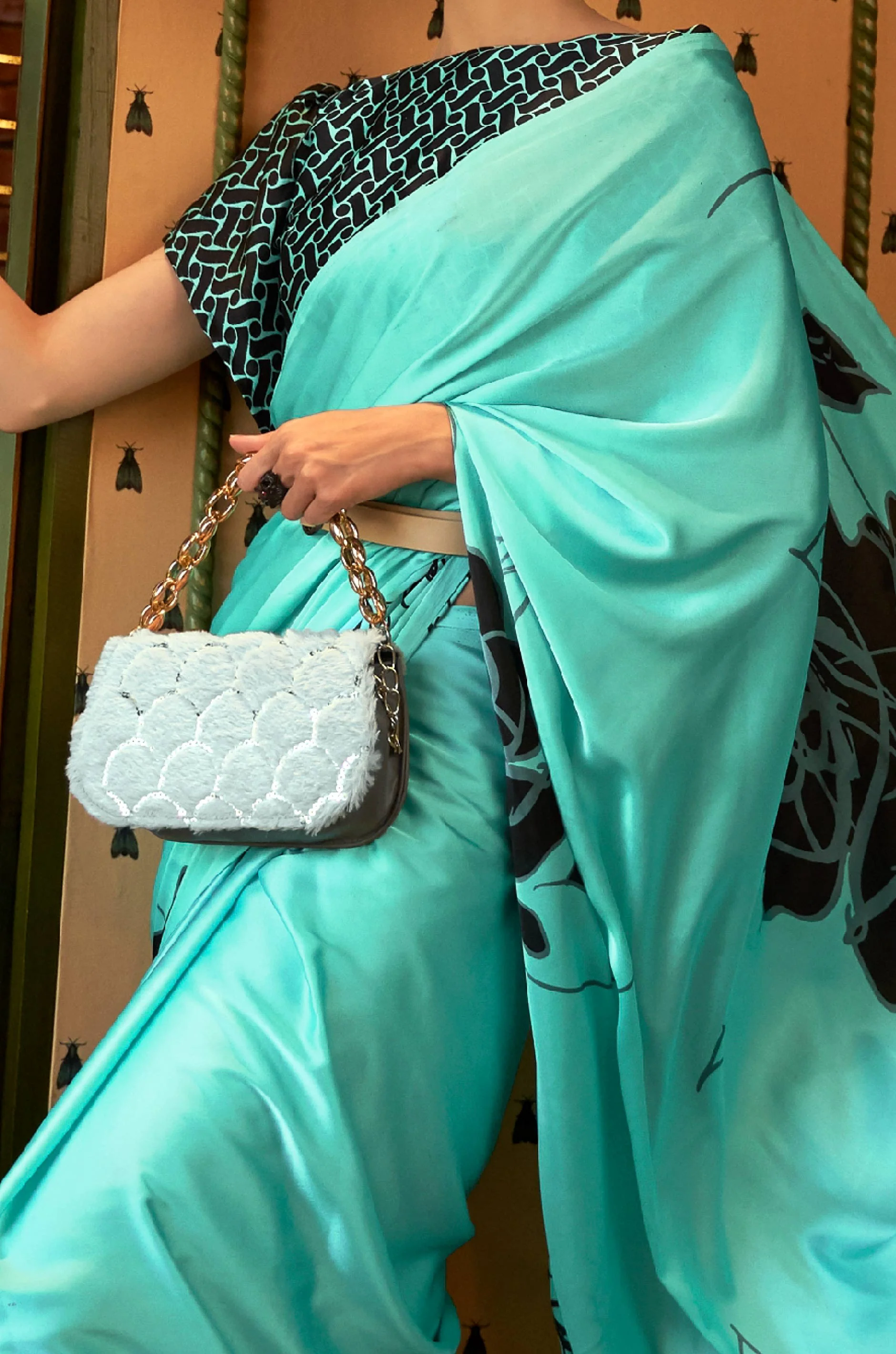 Sea Green Satin Crepe Saree - Image 3