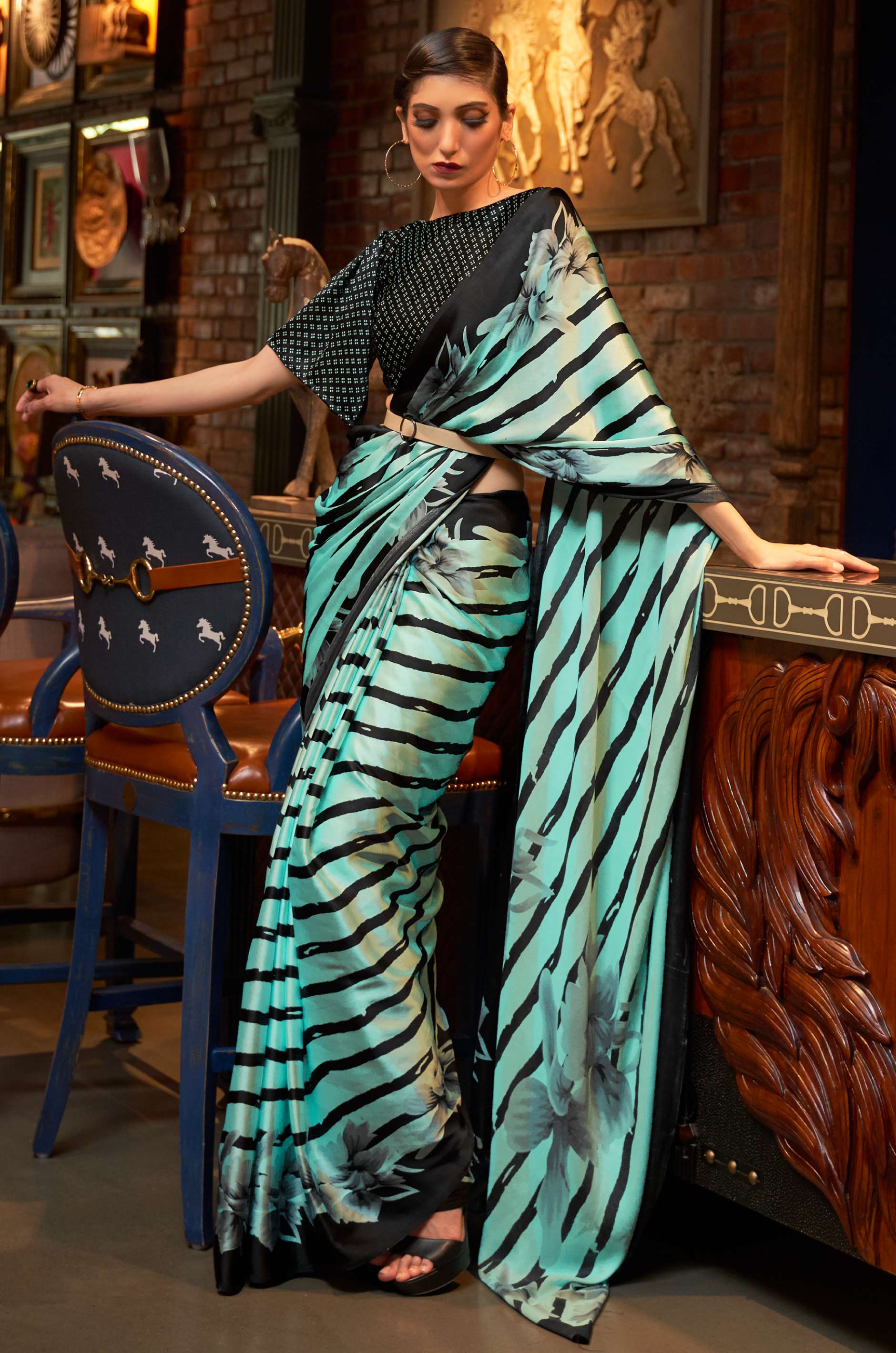Sea Green Satin Crepe Saree