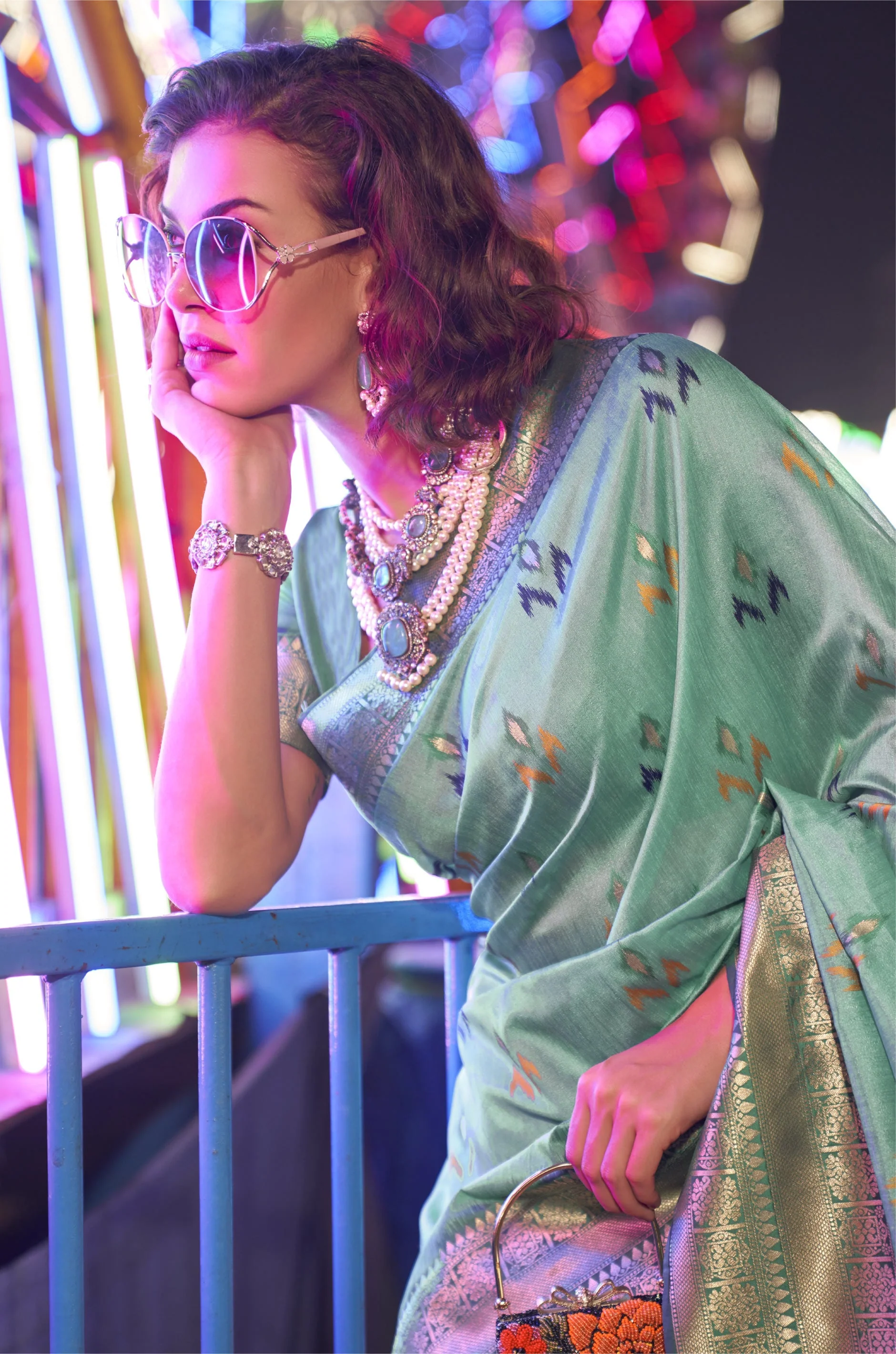 Sea Green Woven Silk Saree - Image 2