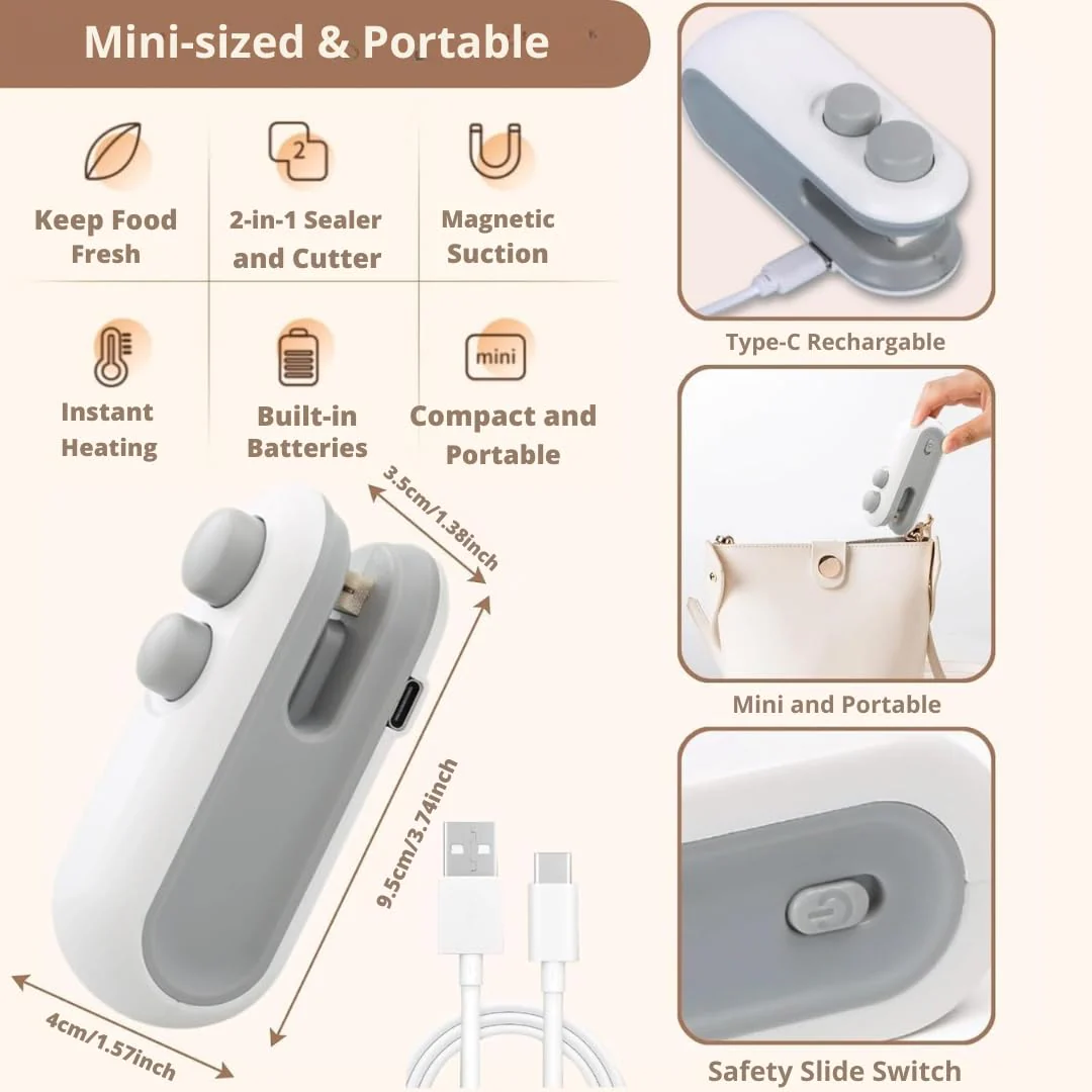 Sealy: 2-in-1 Mini Bag Sealer & Cutter, USB-C Rechargeable Portable Handheld Food Storage Sealing Machine for Snacks, Chips & Plastic Packets - Image 4