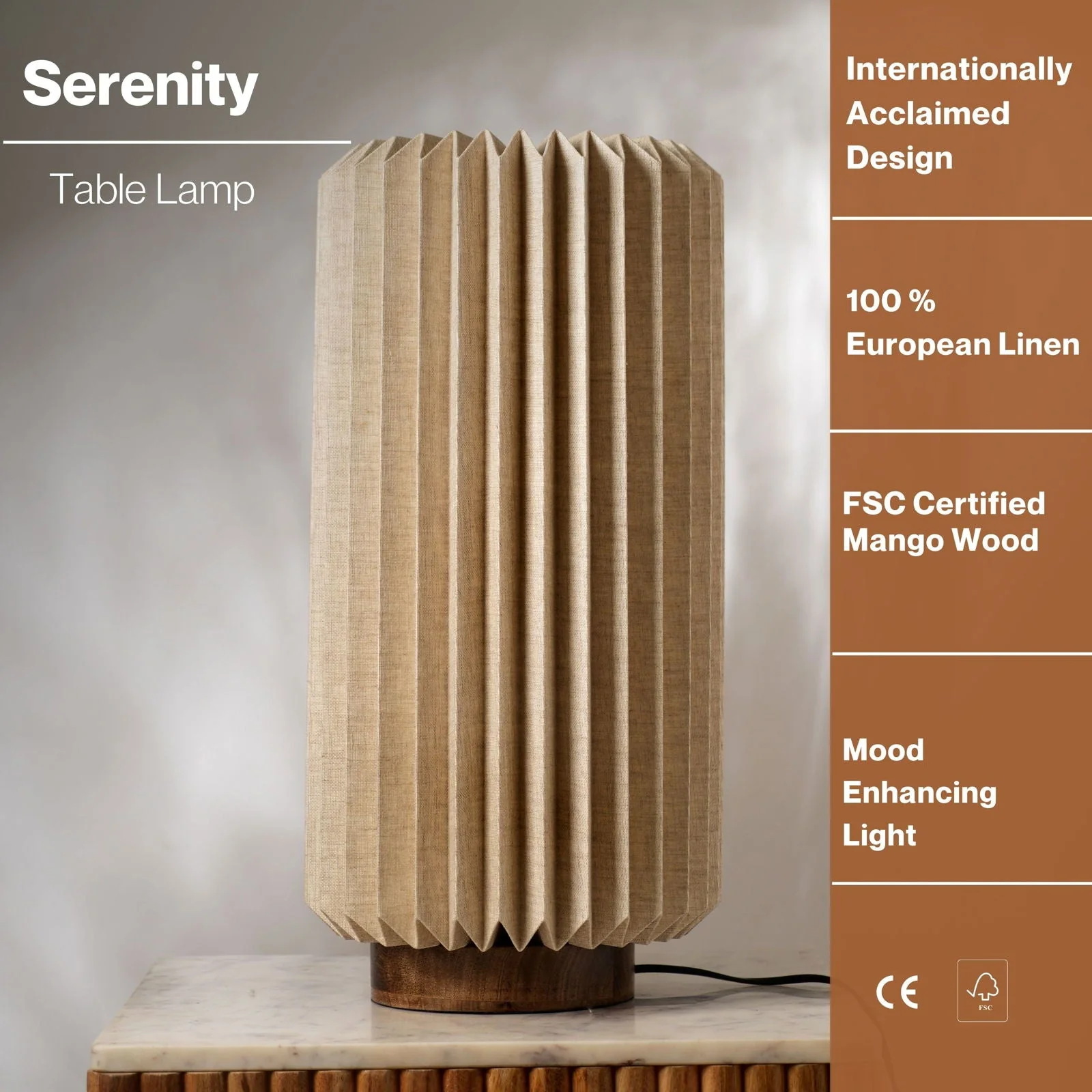 Serenity Table Lamp - Modern And Minimalist Design, 100% Linen Lampshade With Mango Wood Base - Image 6