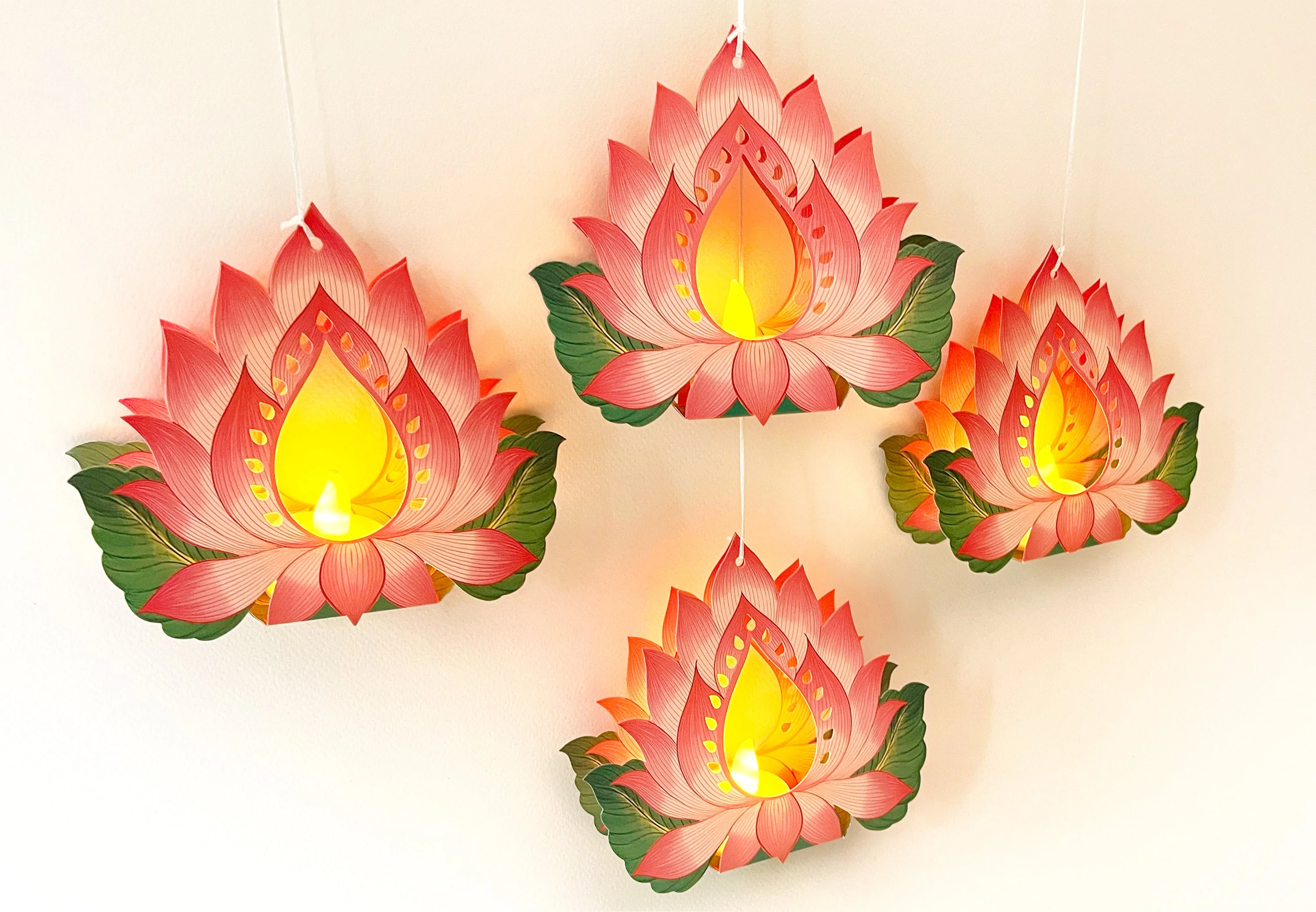 Set of 12 Hanging Lotus Diyas with Electric Tea Lights - Image 2