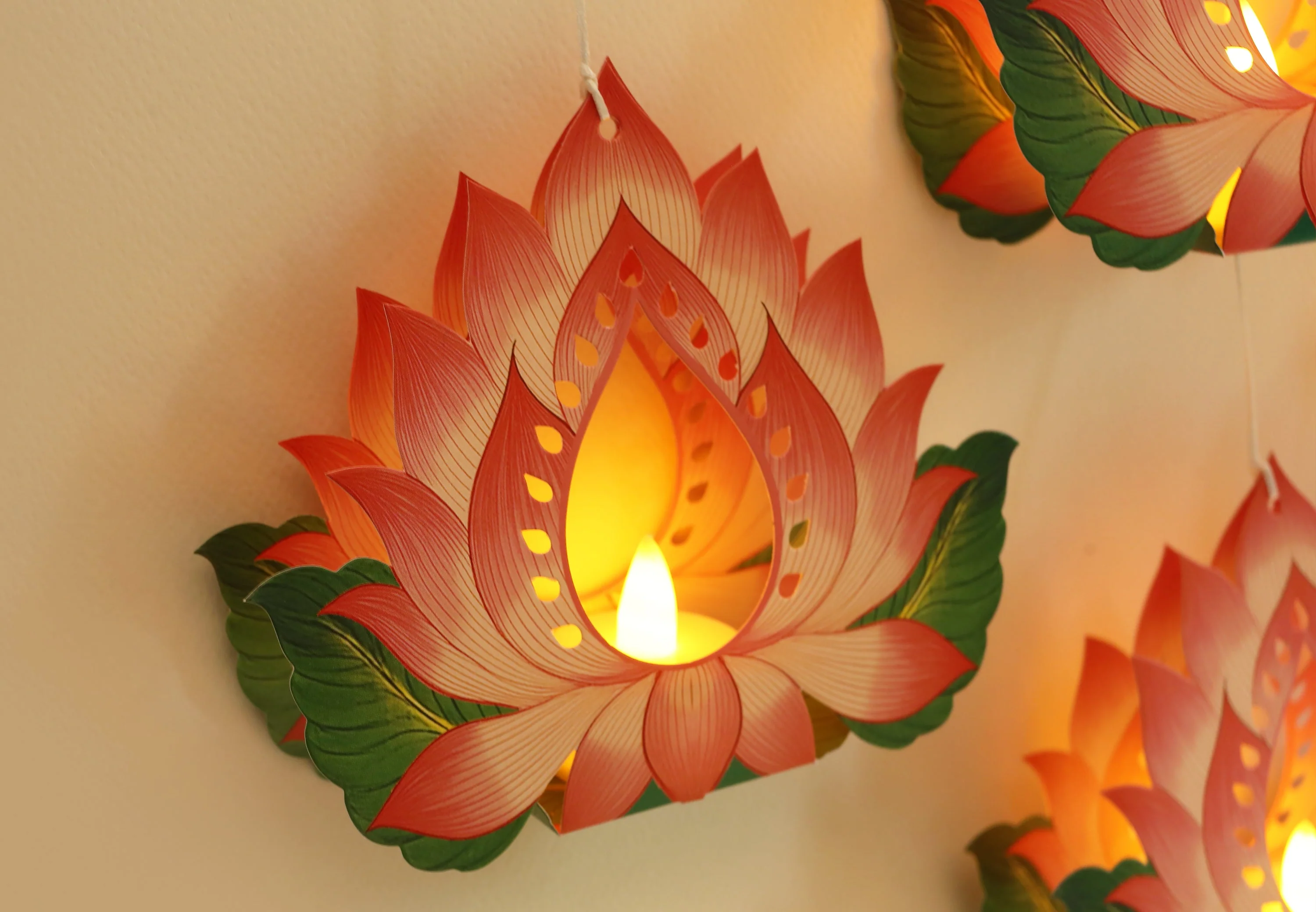 Set of 12 Hanging Lotus Diyas with Electric Tea Lights - Image 4