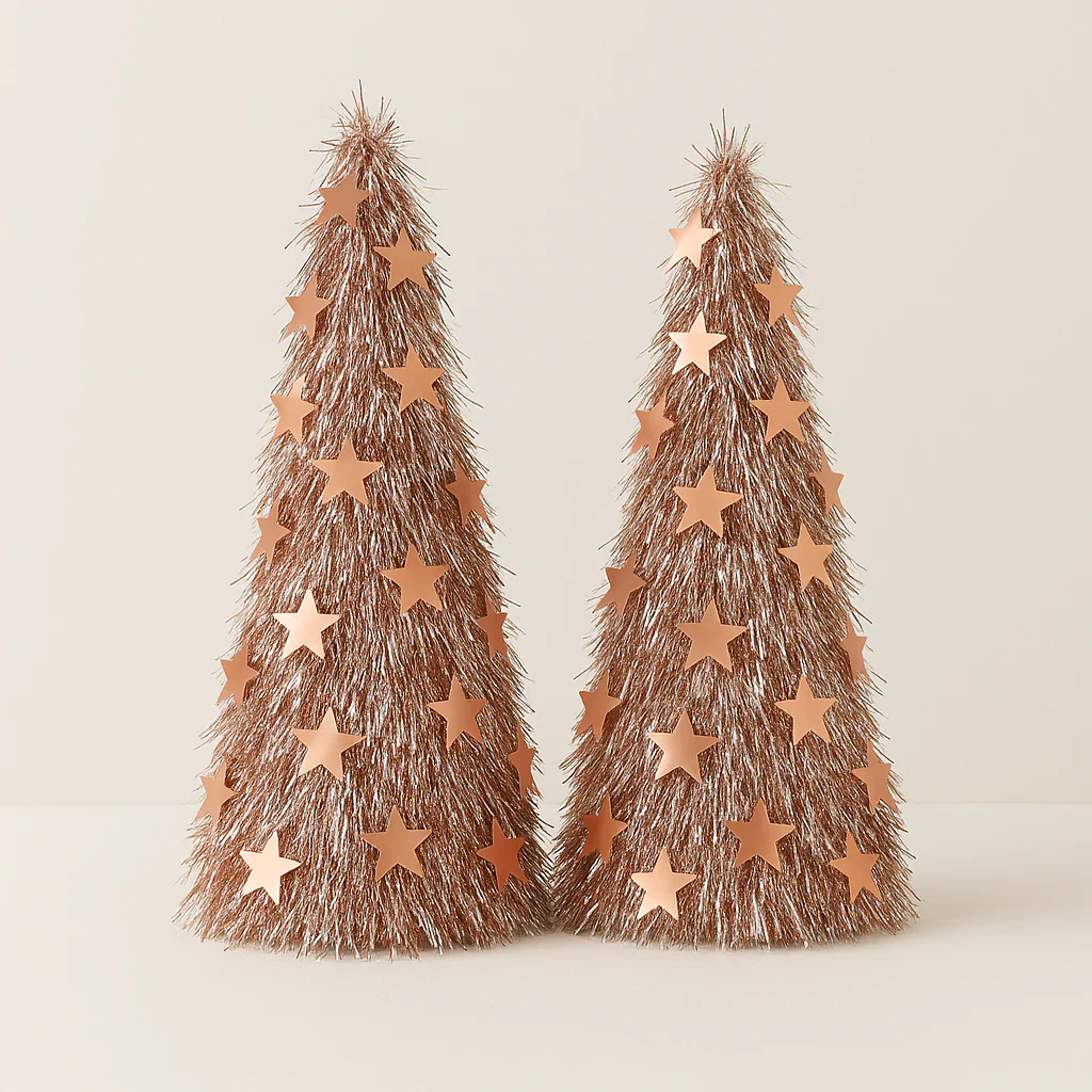 Set of 2 Rose-Gold Star Tinsel Christmas Cones – 55 cm Height,