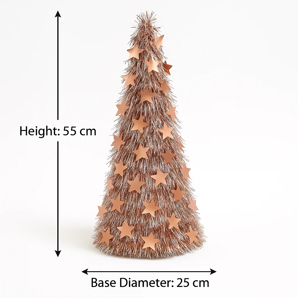 Set of 2 Rose-Gold Star Tinsel Christmas Cones – 55 cm Height, - Image 4