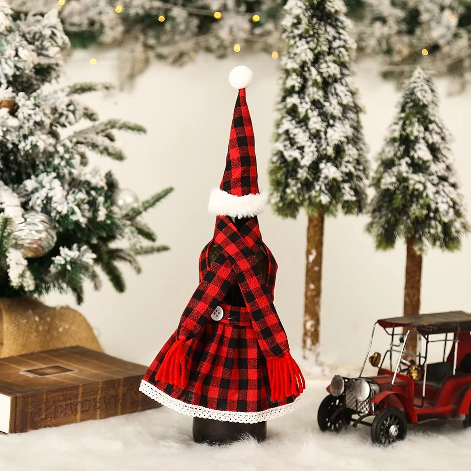Set of 2 Wine  bottle cover  1Pcs Christmas Decorations Plaid Skirt Set Wine Set Beer Bottle Set Bar Table Atmosphere Black - Image 5
