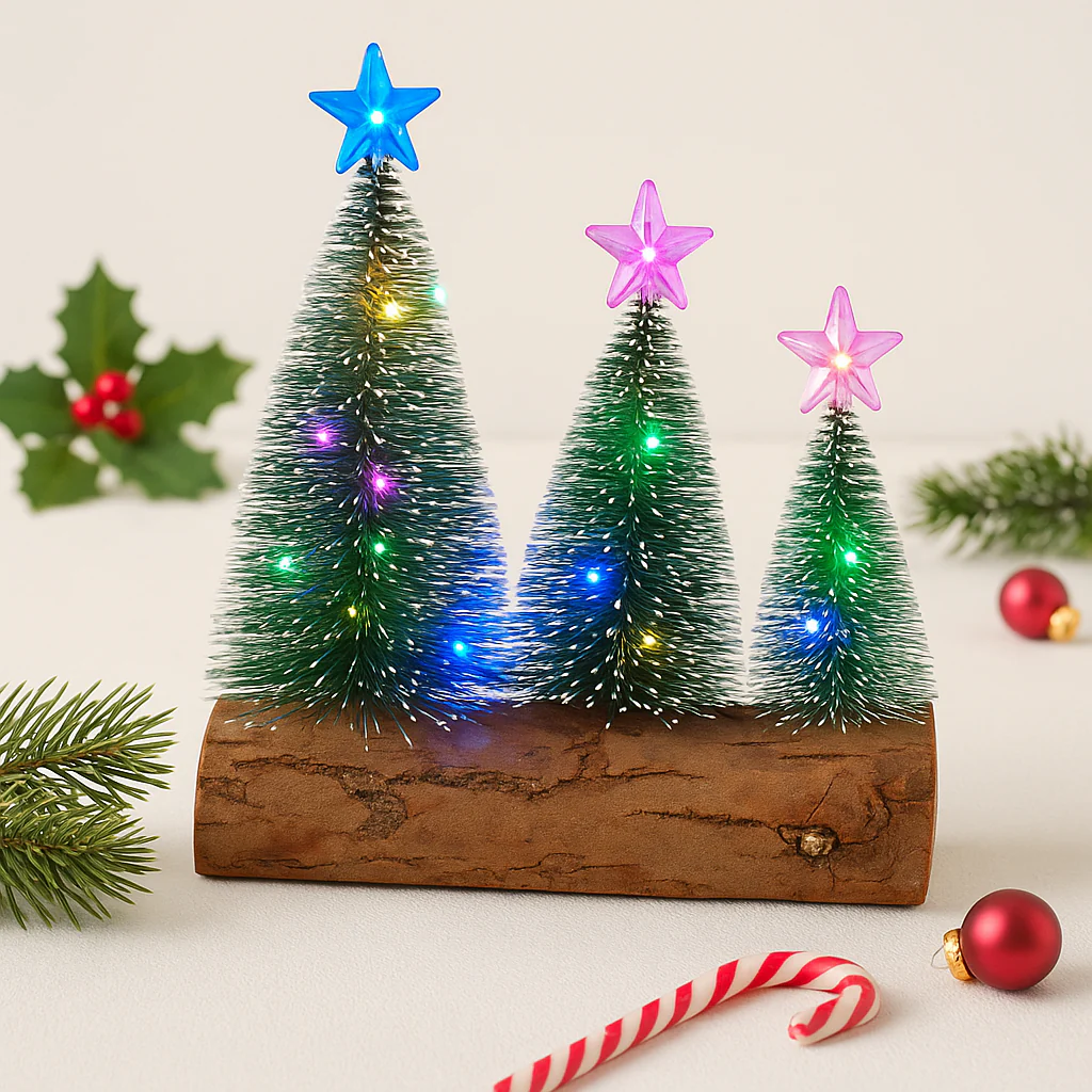 set of 3 Christmas LED Table Tree Set with Wooden Base