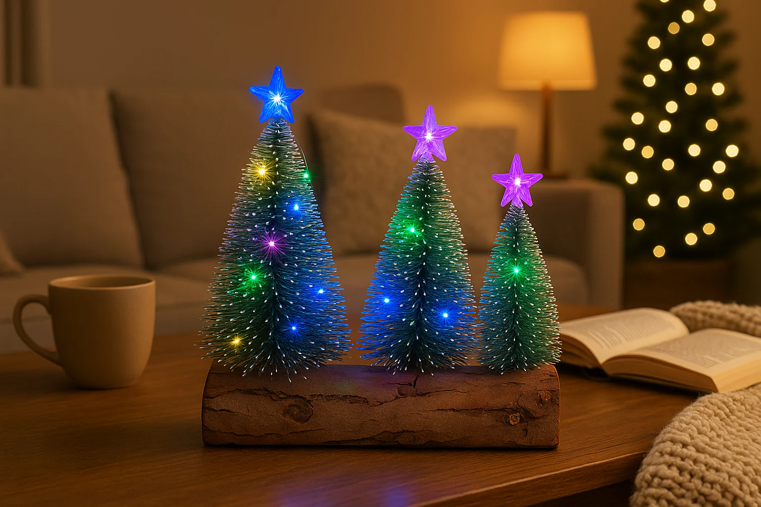 set of 3 Christmas LED Table Tree Set with Wooden Base - Image 2