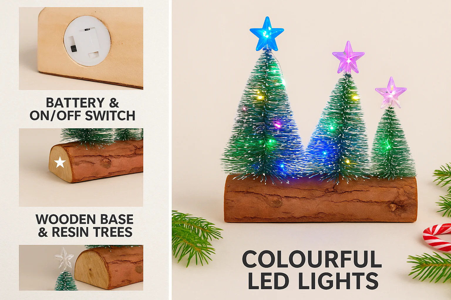 set of 3 Christmas LED Table Tree Set with Wooden Base - Image 3