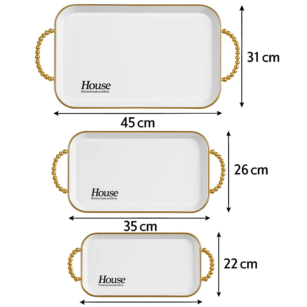 set of 3 off- White & Gold Rectangular Serving Tray - Image 6