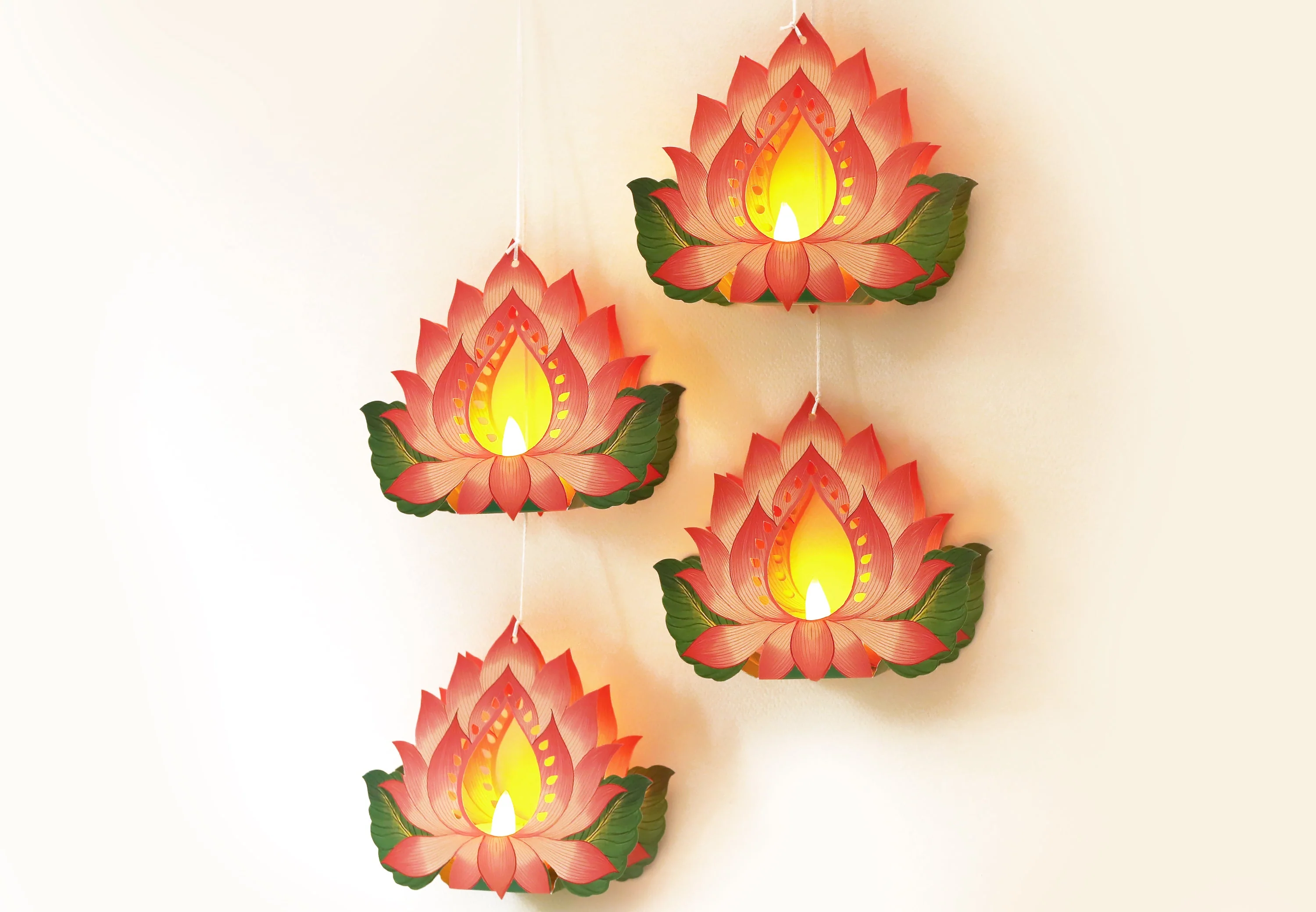 Set of 4 Hanging Lotus Diyas with Electric Tea Lights - Image 8