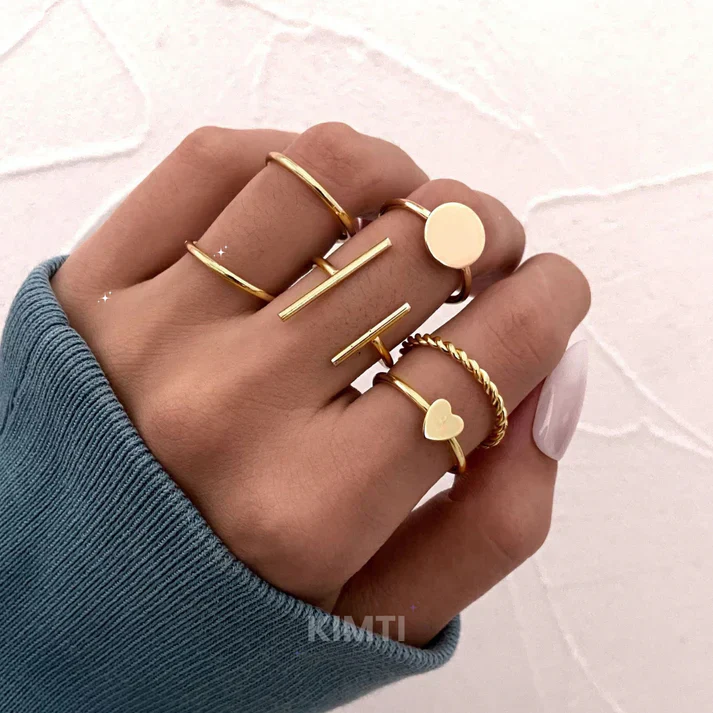 Set Of 6 Gold-Plated Contemporary Stackable Finger Rings - Image 4