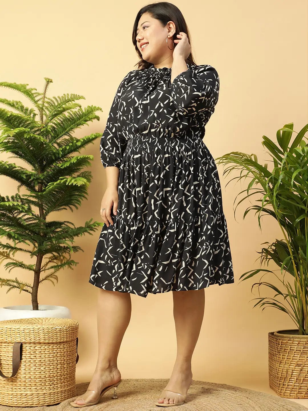 Shaped Black rayon Printed 3/4 Sleeve Smocked Elasticated Plus Size Women Dress - Image 3