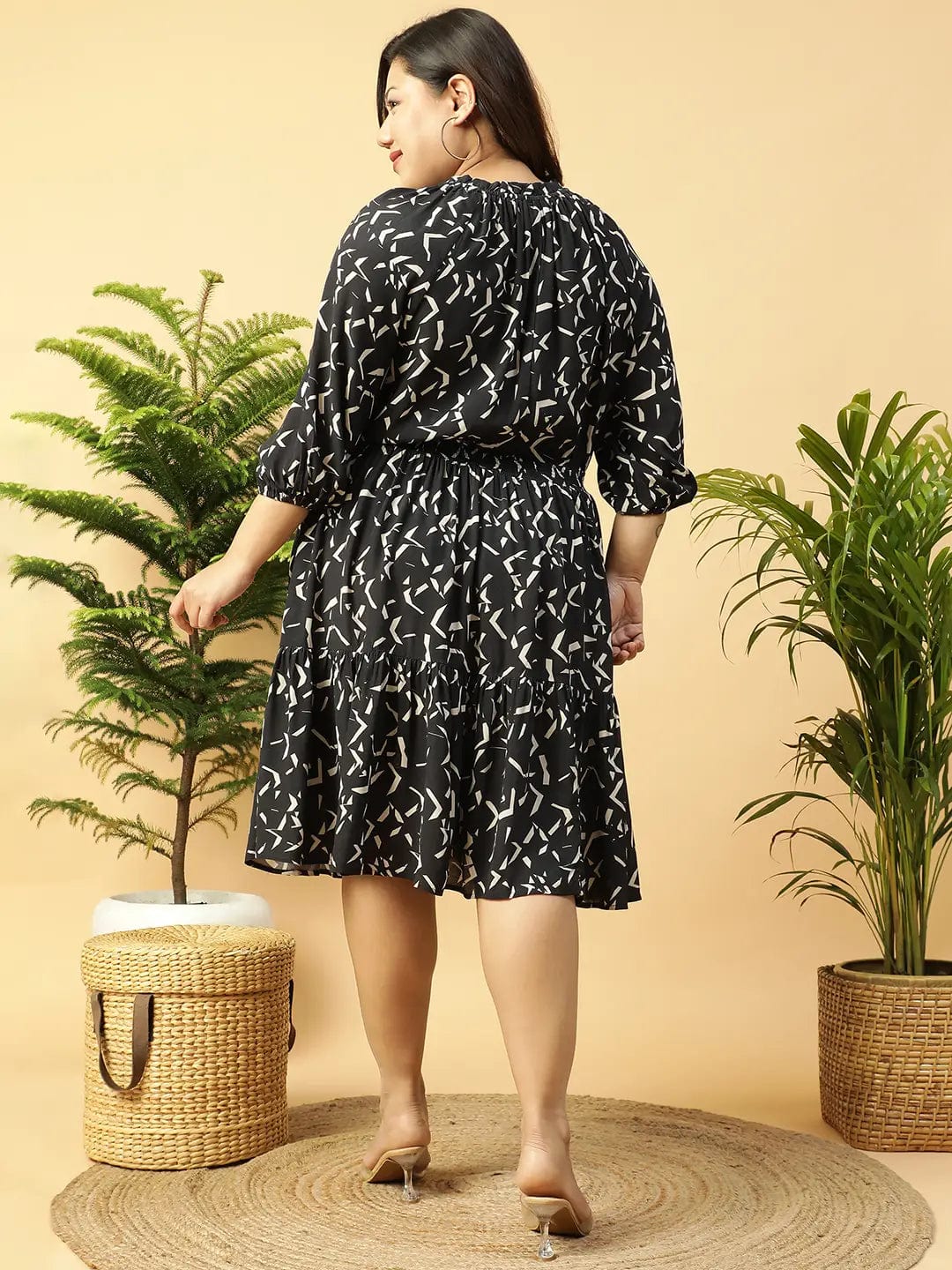 Shaped Black rayon Printed 3/4 Sleeve Smocked Elasticated Plus Size Women Dress - Image 6