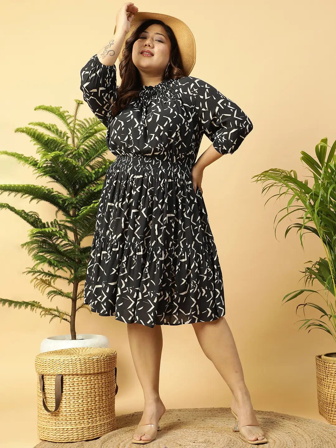 Shaped Black rayon Printed 3/4 Sleeve Smocked Elasticated Plus Size Women Dress - Image 8