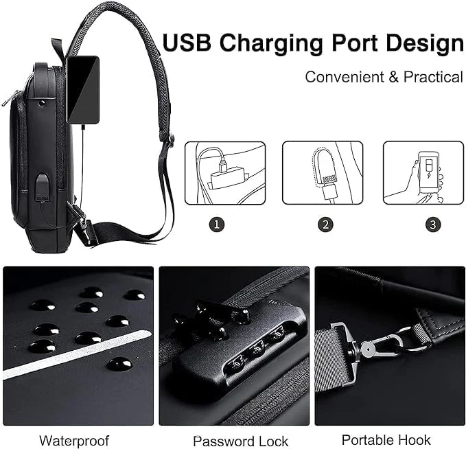 Shield: Anti-Theft Crossbody Messenger Sling Bag Waterproof Gadget Chest Bag with TSA Lock & USB Charging Port for Power Bank Attachment - Image 10