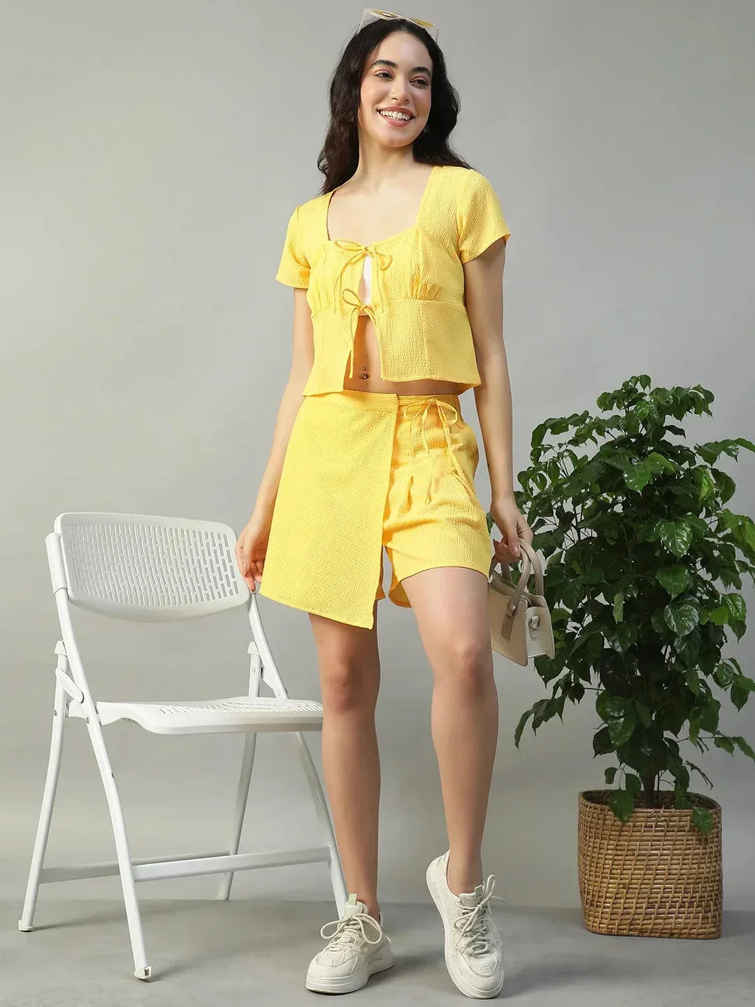 Shine Solid Yellow Top & Flap Skort Seersucker Dobby Women Co-ord Set - Image 7