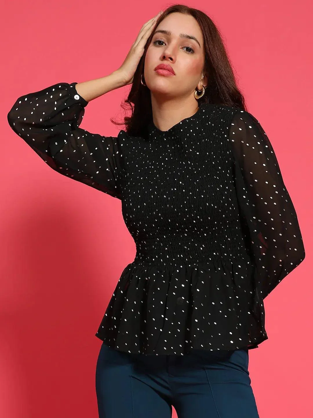 Shiny Black Long Sleeve Smocked Women Peplum Top