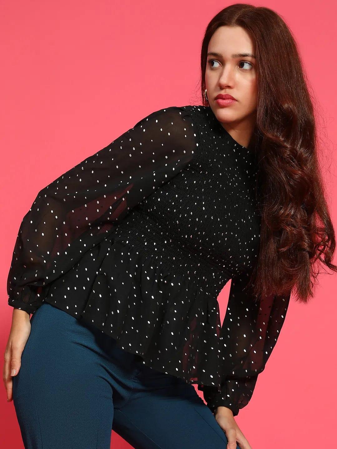 Shiny Black Long Sleeve Smocked Women Peplum Top - Image 4