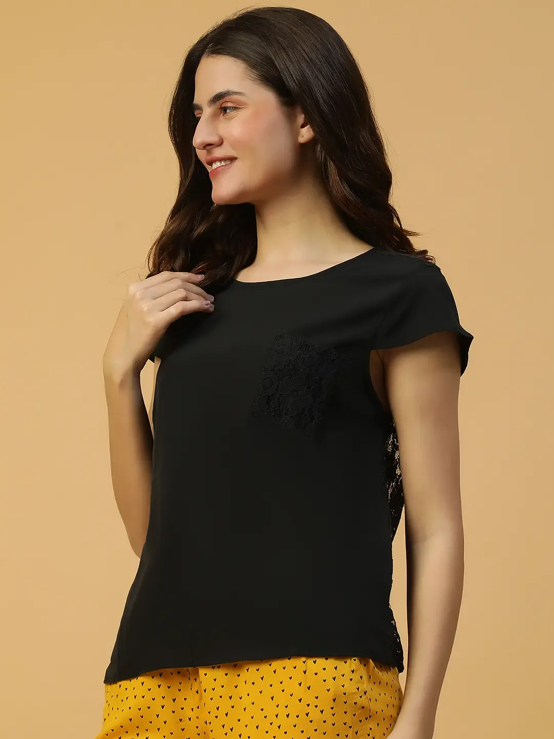 Short Sleeves Black Lace Nightwear Women's Top - Image 5