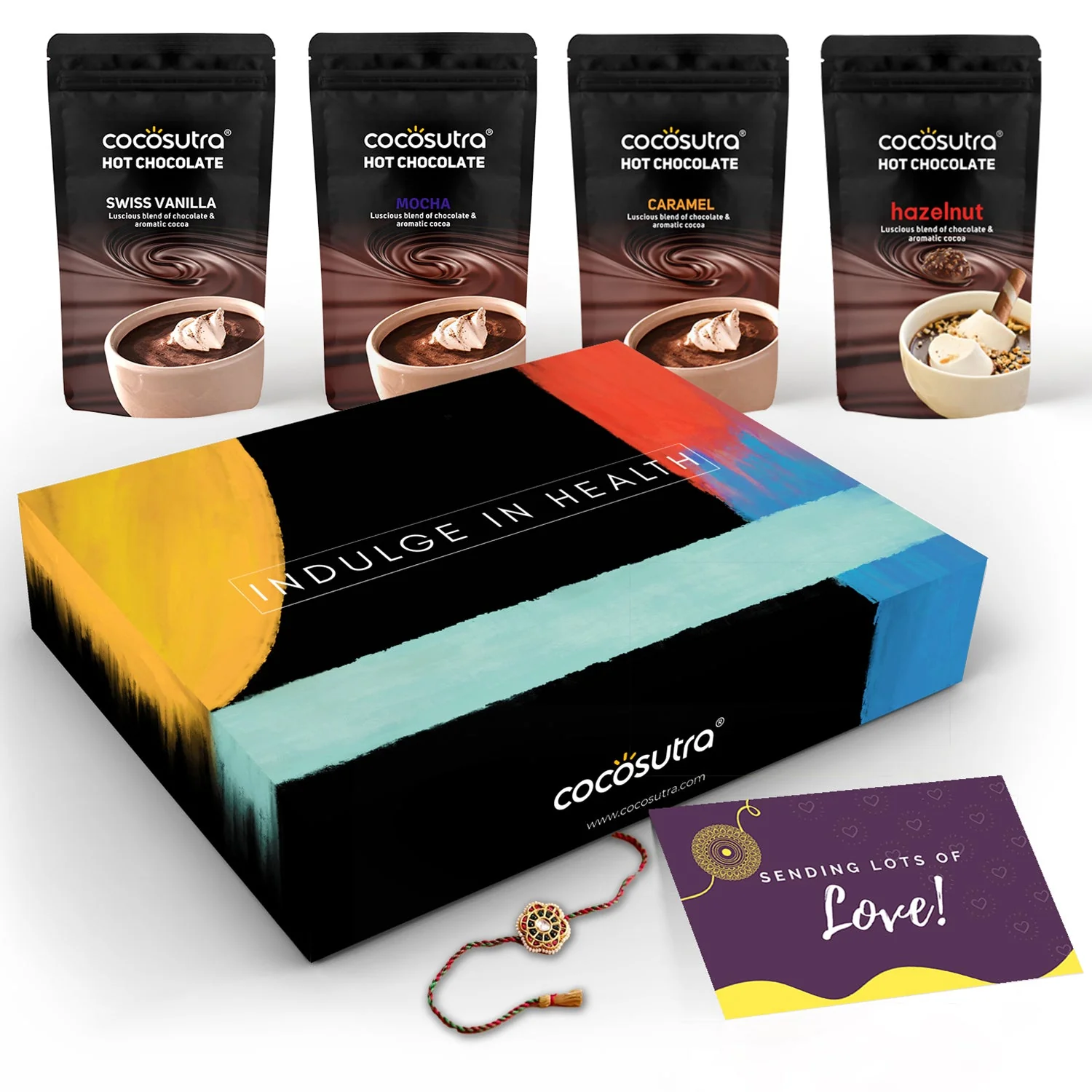 Siblings Rakhi Hamper - Drinking Chocolate Mix Collection (Pack of 4) | Swiss Vanilla, Mocha, Caramel & Hazelnut | 100 g Each | With Rakhi & Greeting Card