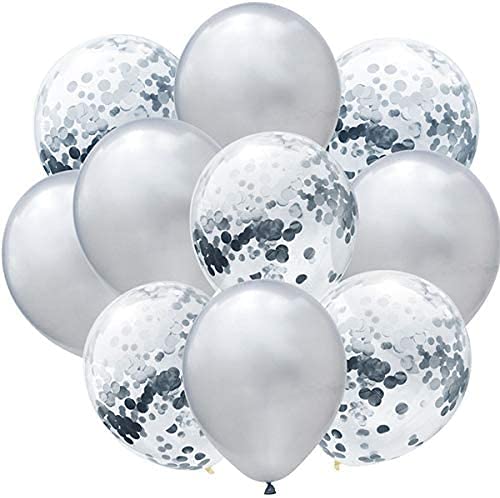Silver Color And Clear Confetti Shining Metallic Latex Glitter Balloons Set (Pack of 10) - Image 2