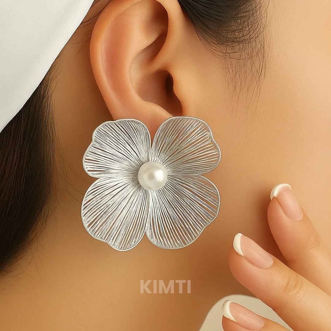 Silver Flower Pearl Drop Earring - Image 2