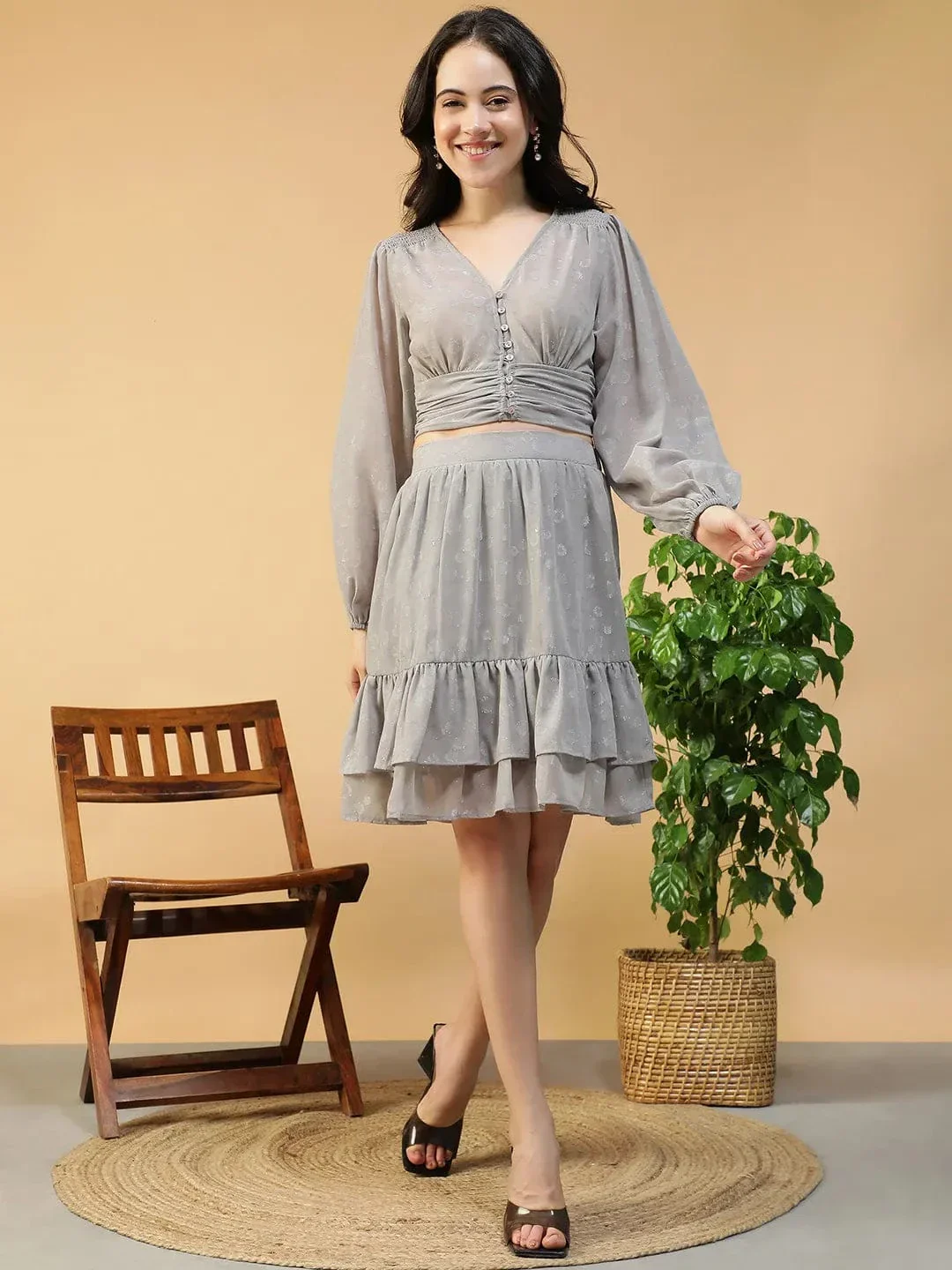 Silver Grey Shimmery Long Sleeve Crop Top & Elasticated Skirt Women Co-ord Set