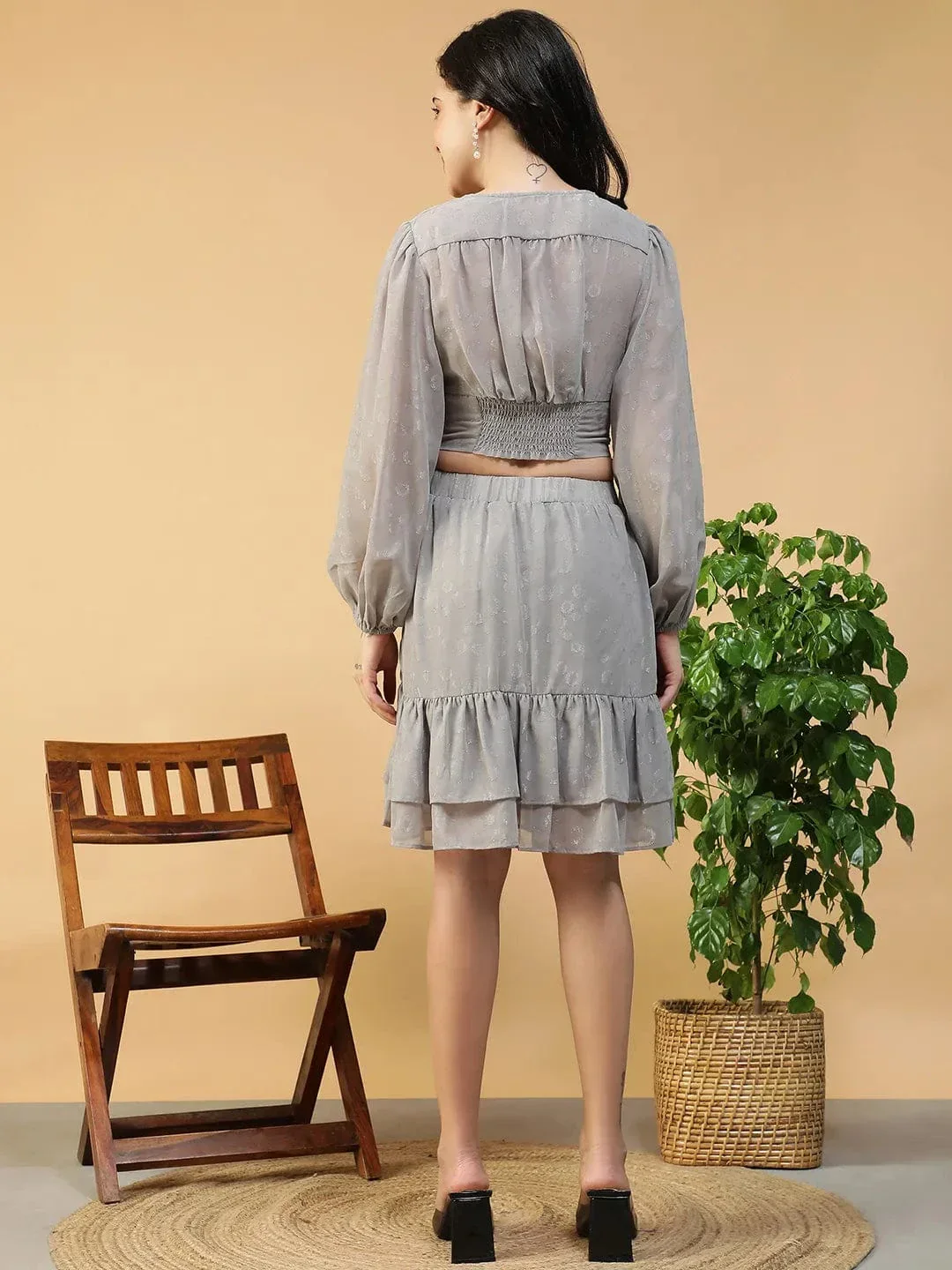 Silver Grey Shimmery Long Sleeve Crop Top & Elasticated Skirt Women Co-ord Set - Image 5