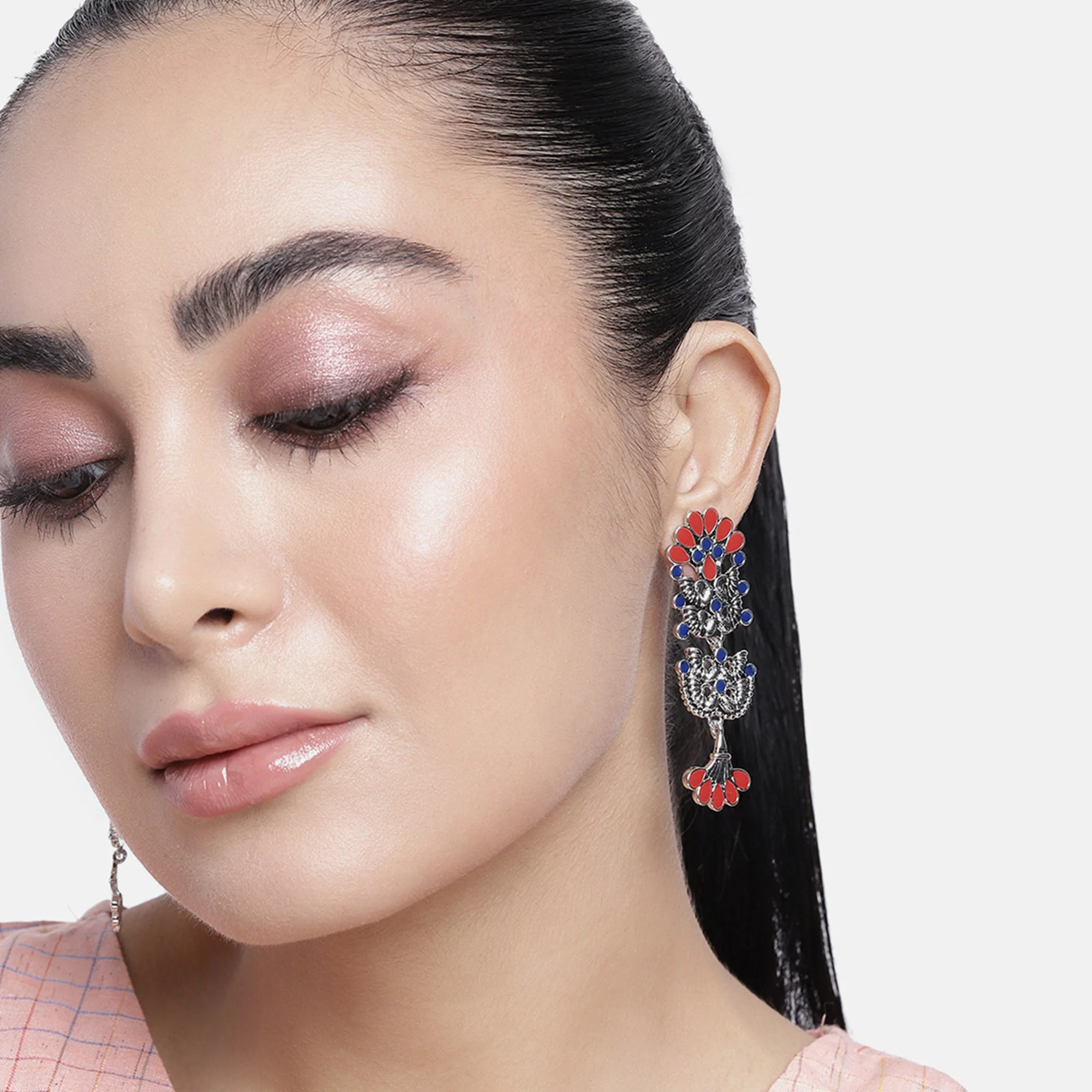 Silver Oxidised Multicolour Meenakari Floral Earrings
