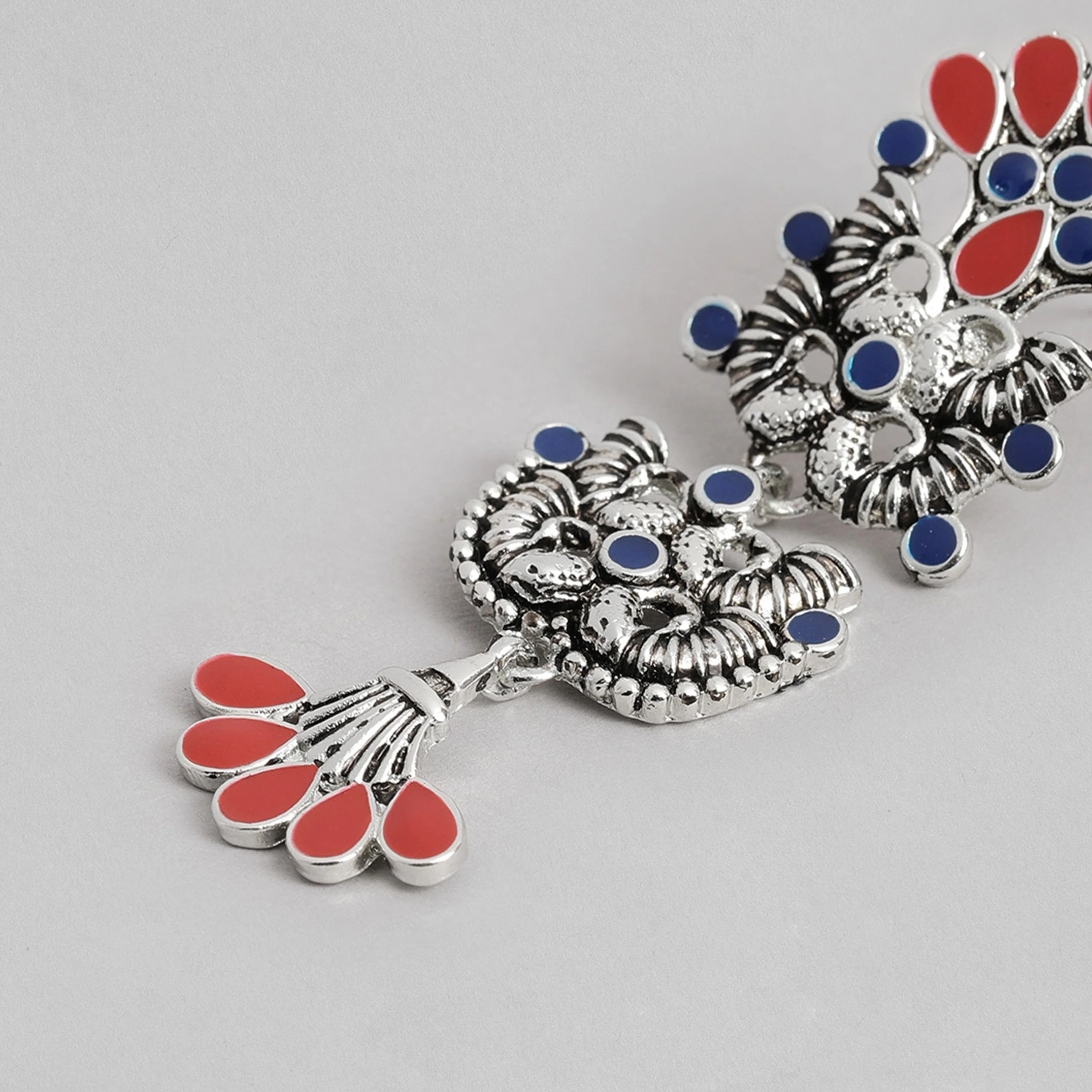 Silver Oxidised Multicolour Meenakari Floral Earrings - Image 8