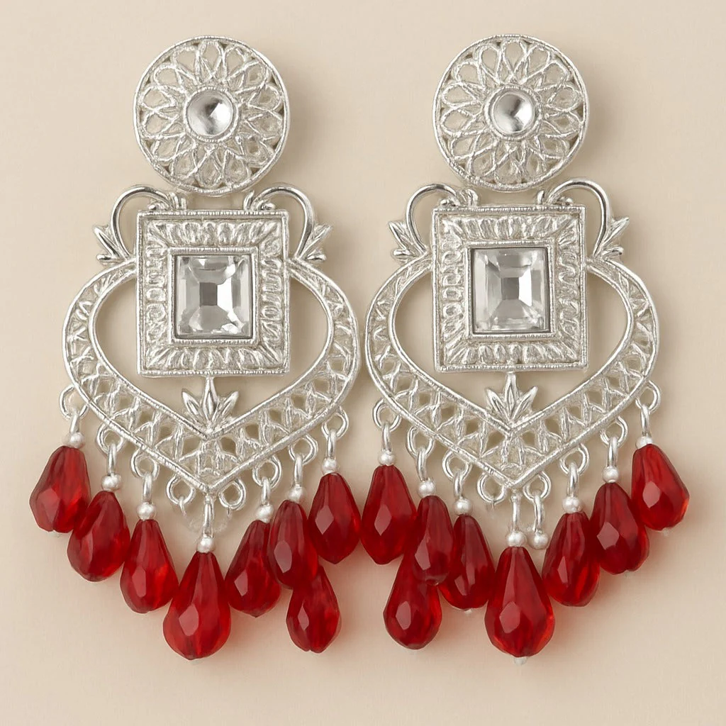 Silver Plated Mirror Earrings with Red Crystal Drops