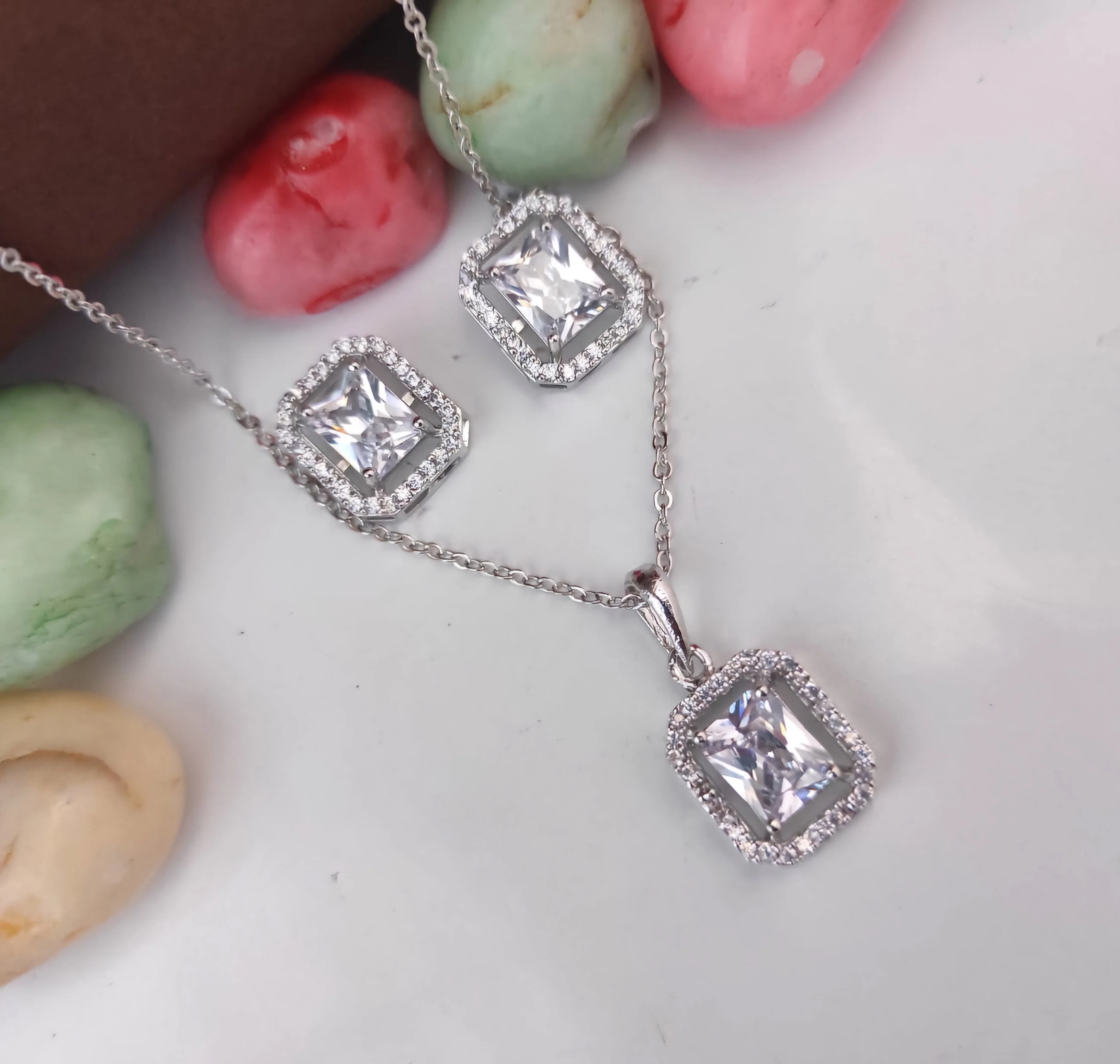 Silver-Plated Square Pendant Set with Clear Stones & Crystal Accents - Image 3