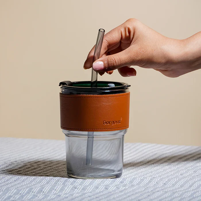 SipMate: Glass Tumbler with Lid, Straw & Leather Sleeve – Perfect for Coffee, Tea, Juice & Everyday Hydration - Image 5