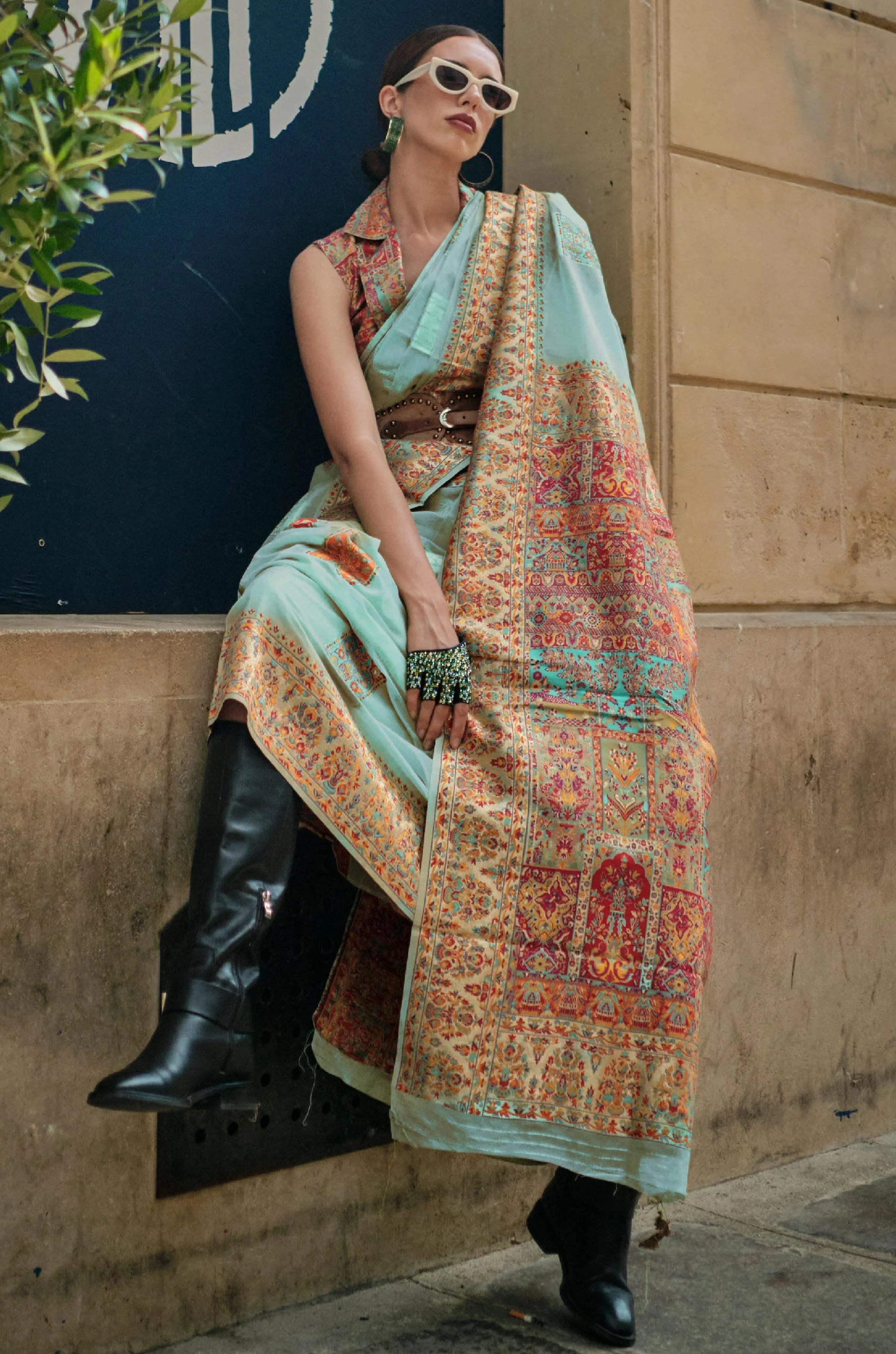 Sky Blue Kashmiri Modal Silk Saree - Image 2