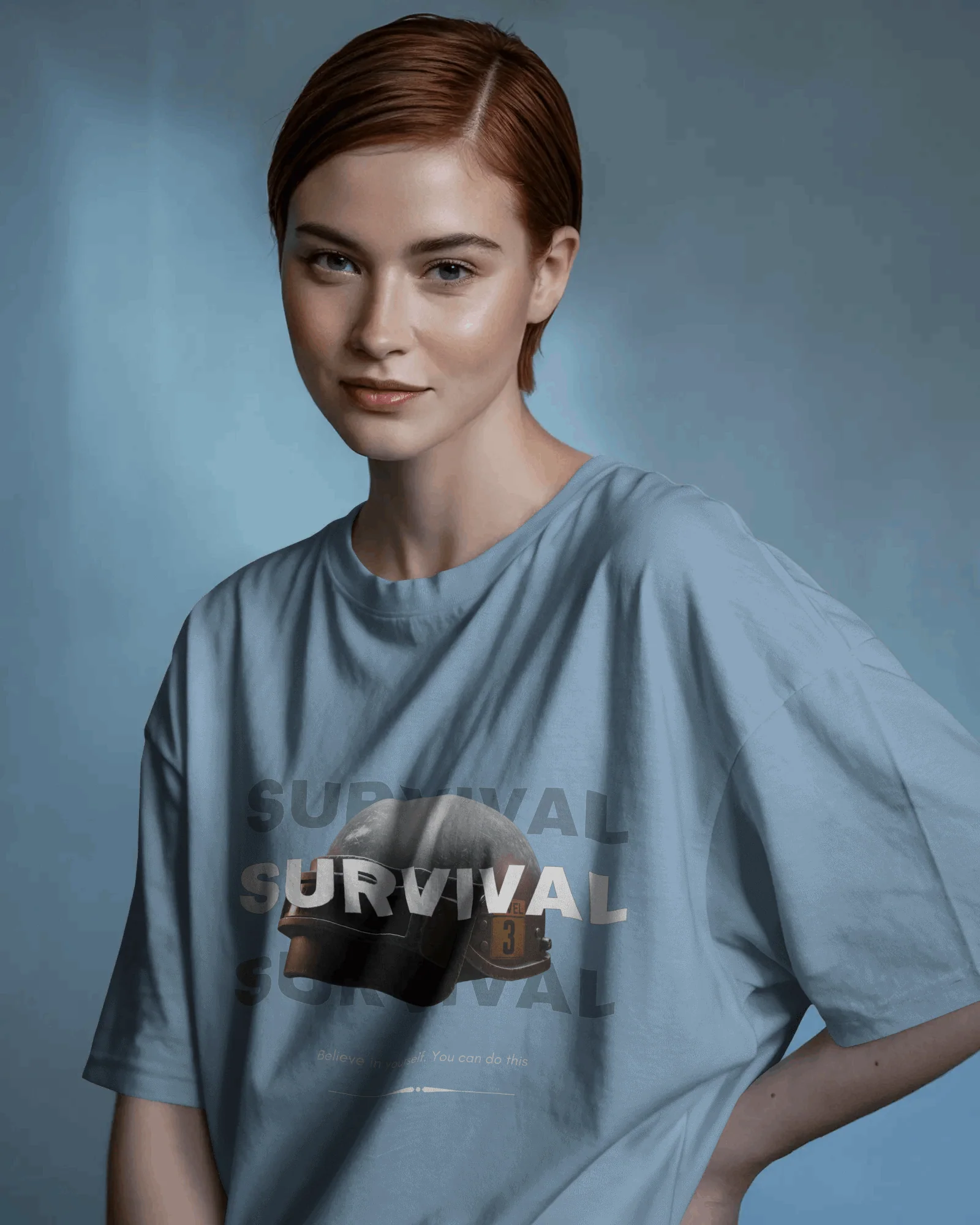 Sky Blue Survival Graphic printed Oversized Tshirt