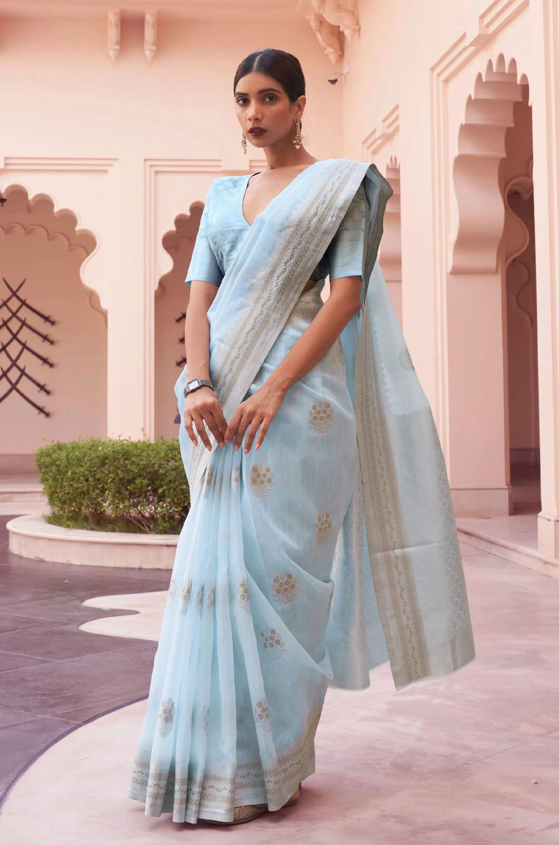 Sky Blue Woven Linen Saree